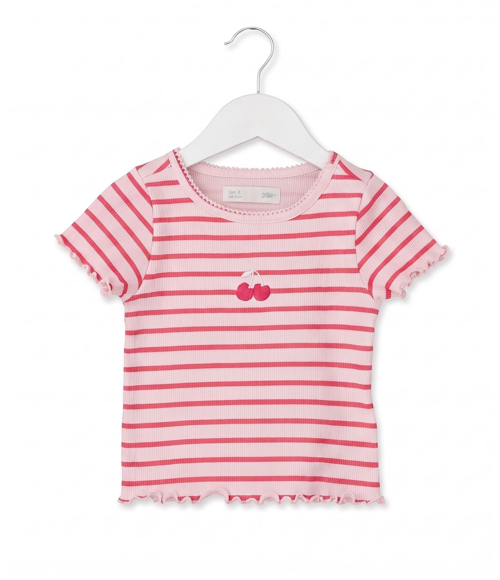 Camiseta Infantil Ribana Listrada com Cereja Bordada - Tam 1 a 6 Anos Rosa 1