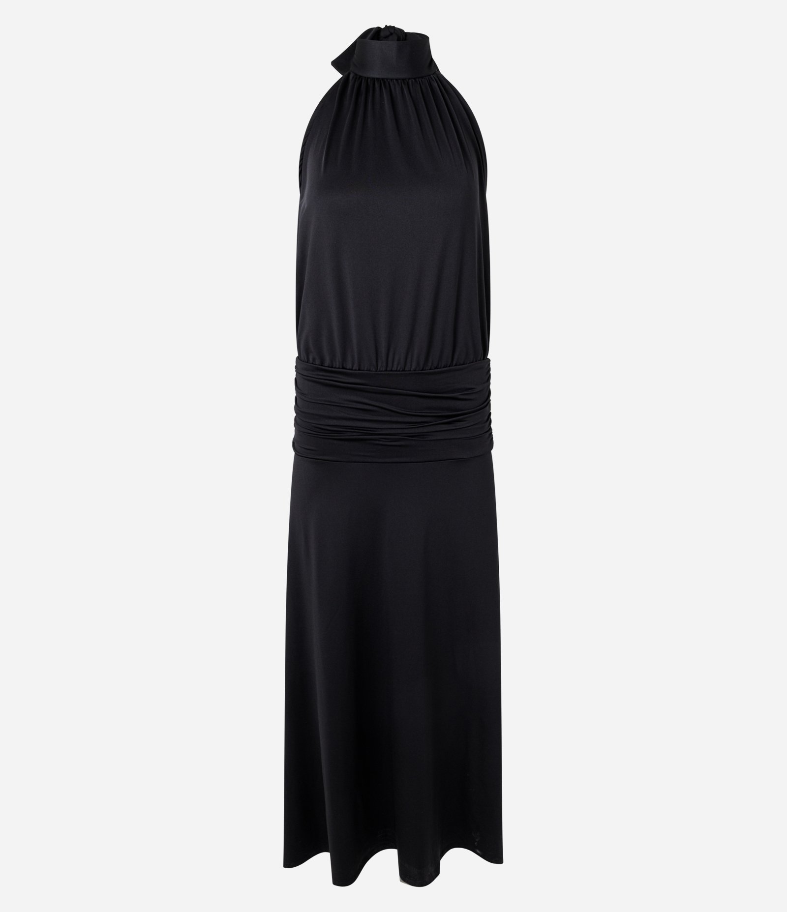 Vestido Longo em Microfibra com Decote Halter e Franzido na Cintura Preto 1