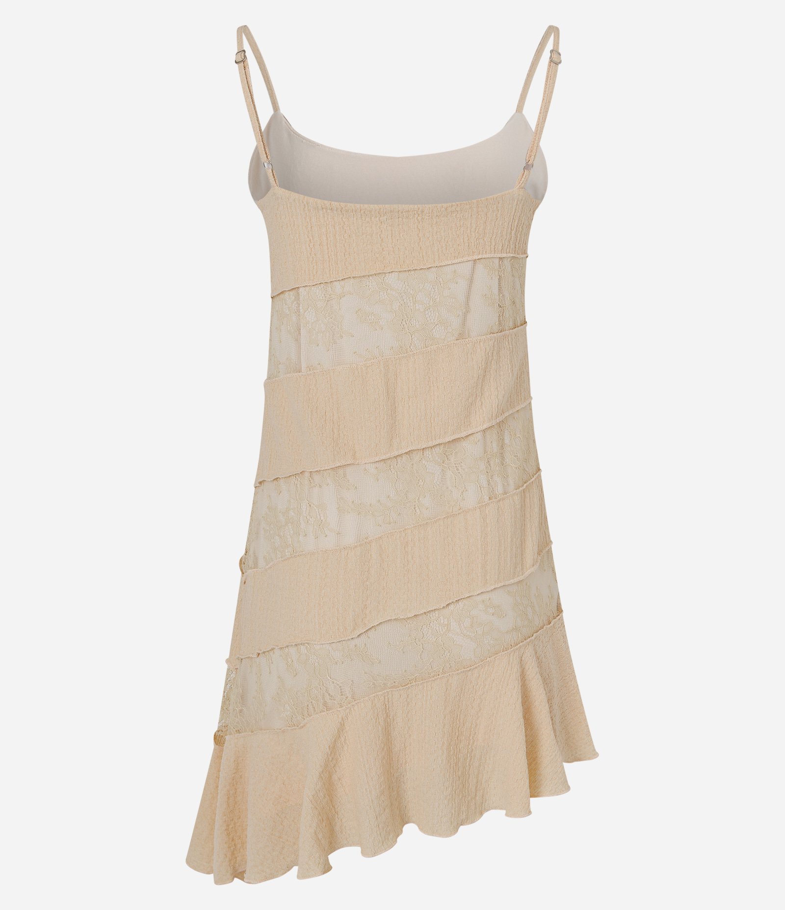Vestido em Renda com Recortes Assimétricos e Barra com Babado Bege 2