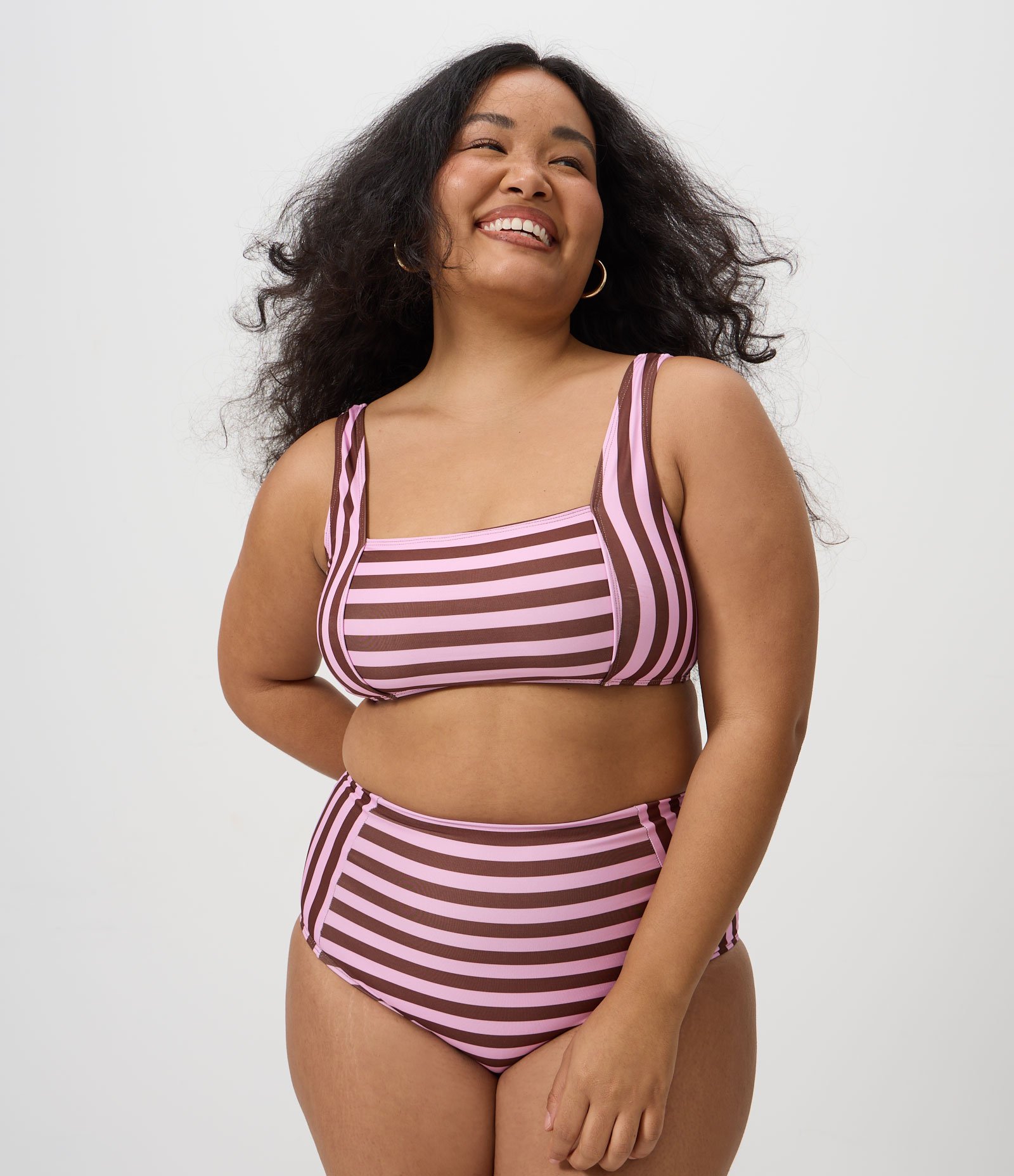 Biquíni Top em Microfibra Listrado com Decote Quadrado e Proteção UV 50+ Curve & Plus Size Marrom 1