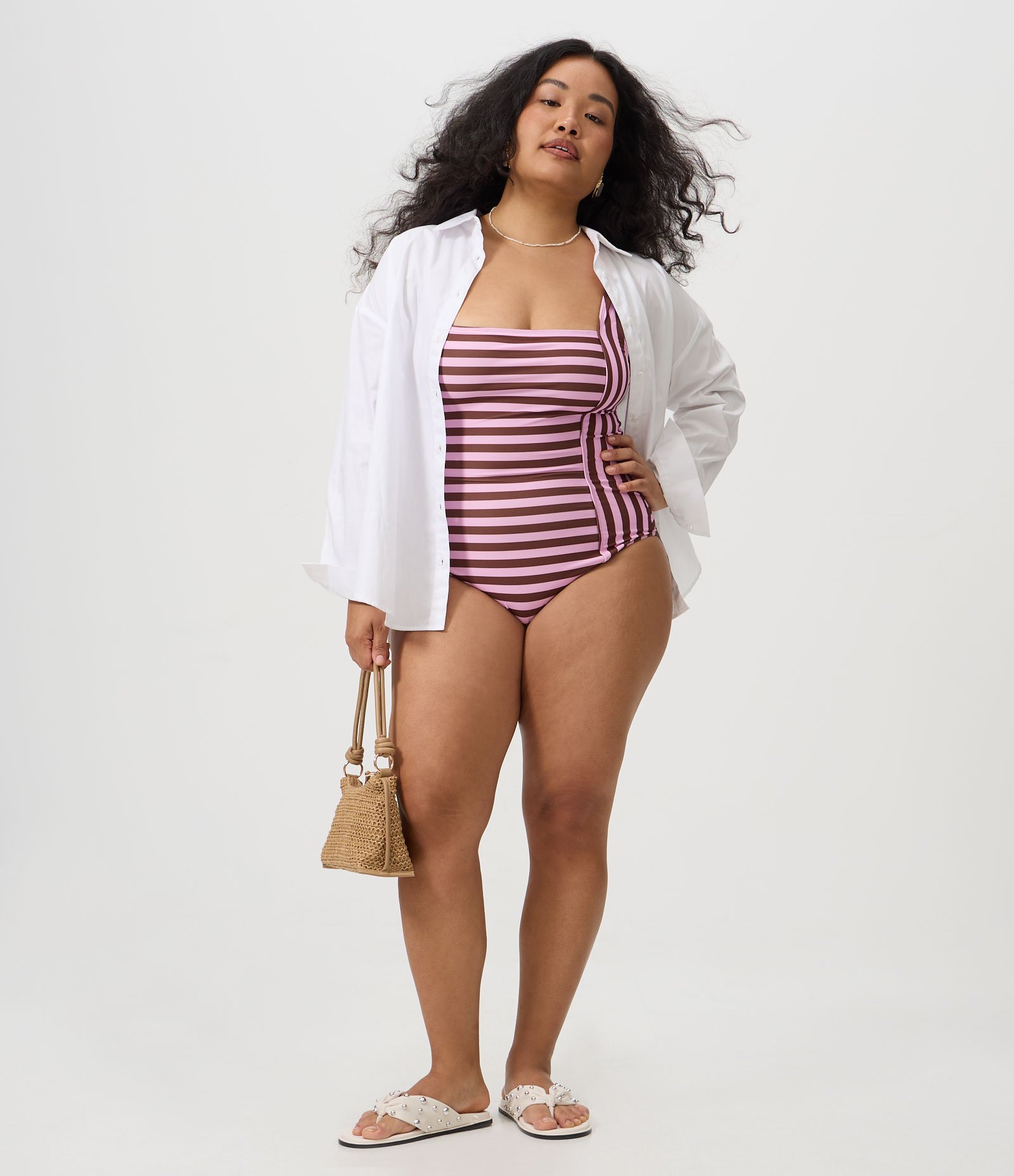 Maiô em Microfibra Listrado com Proteção UV 50+ Curve & Plus Size Marrom 2
