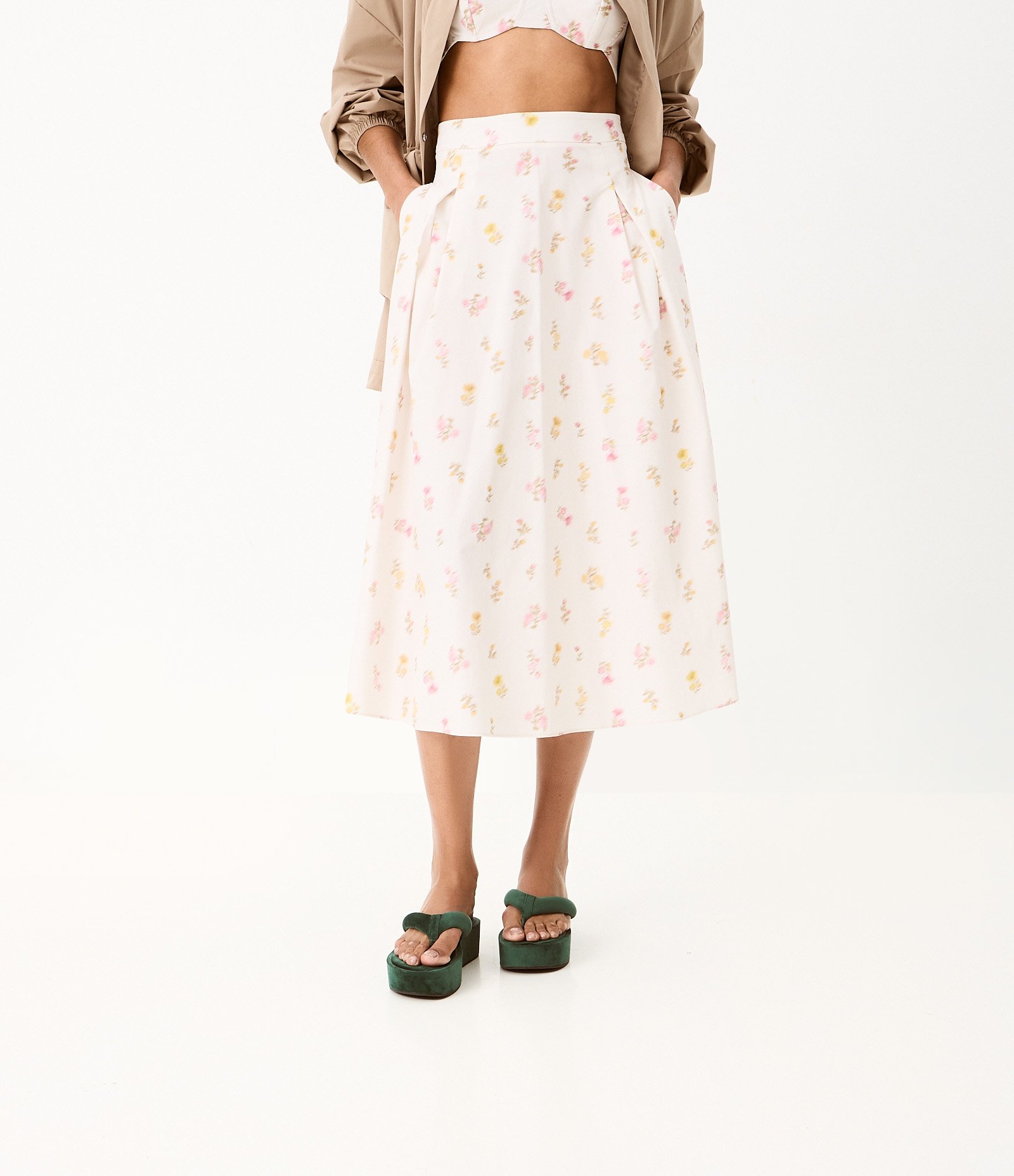 Saia Godê em Tricoline com Estampa Floral Bege 2
