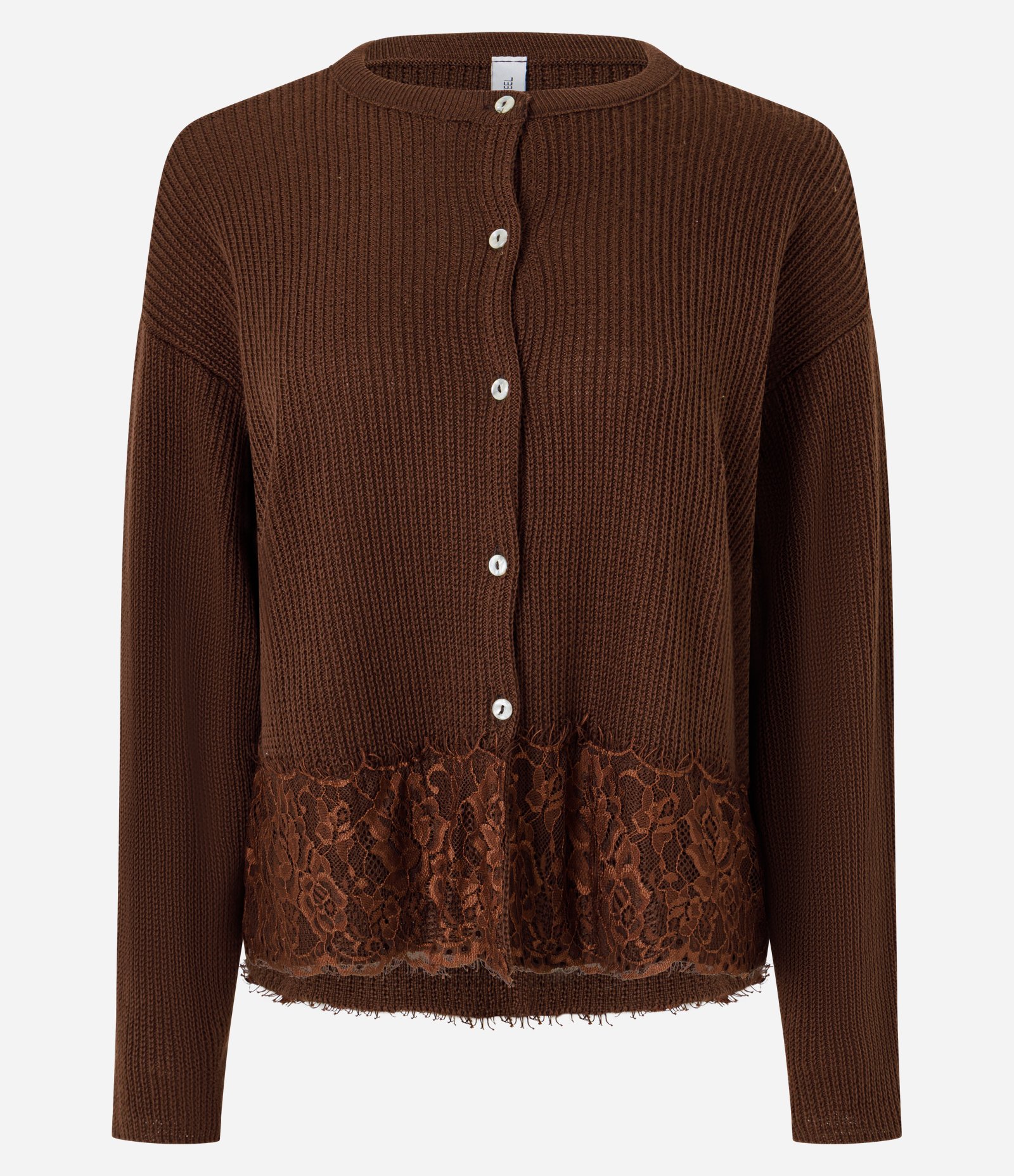 Cardigan em Tricô com Detalhe de Renda na Barra Marrom 5