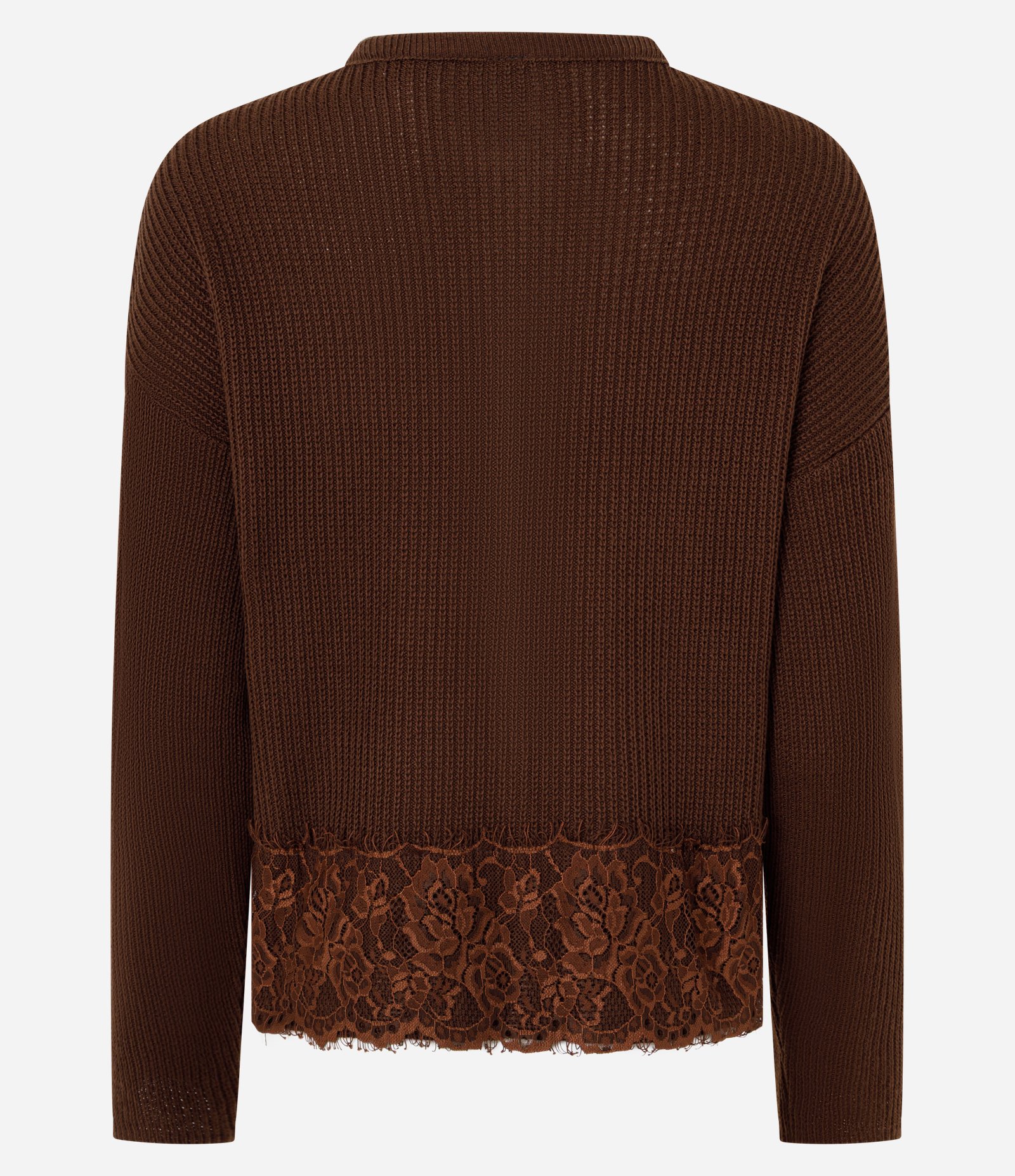 Cardigan em Tricô com Detalhe de Renda na Barra Marrom 7