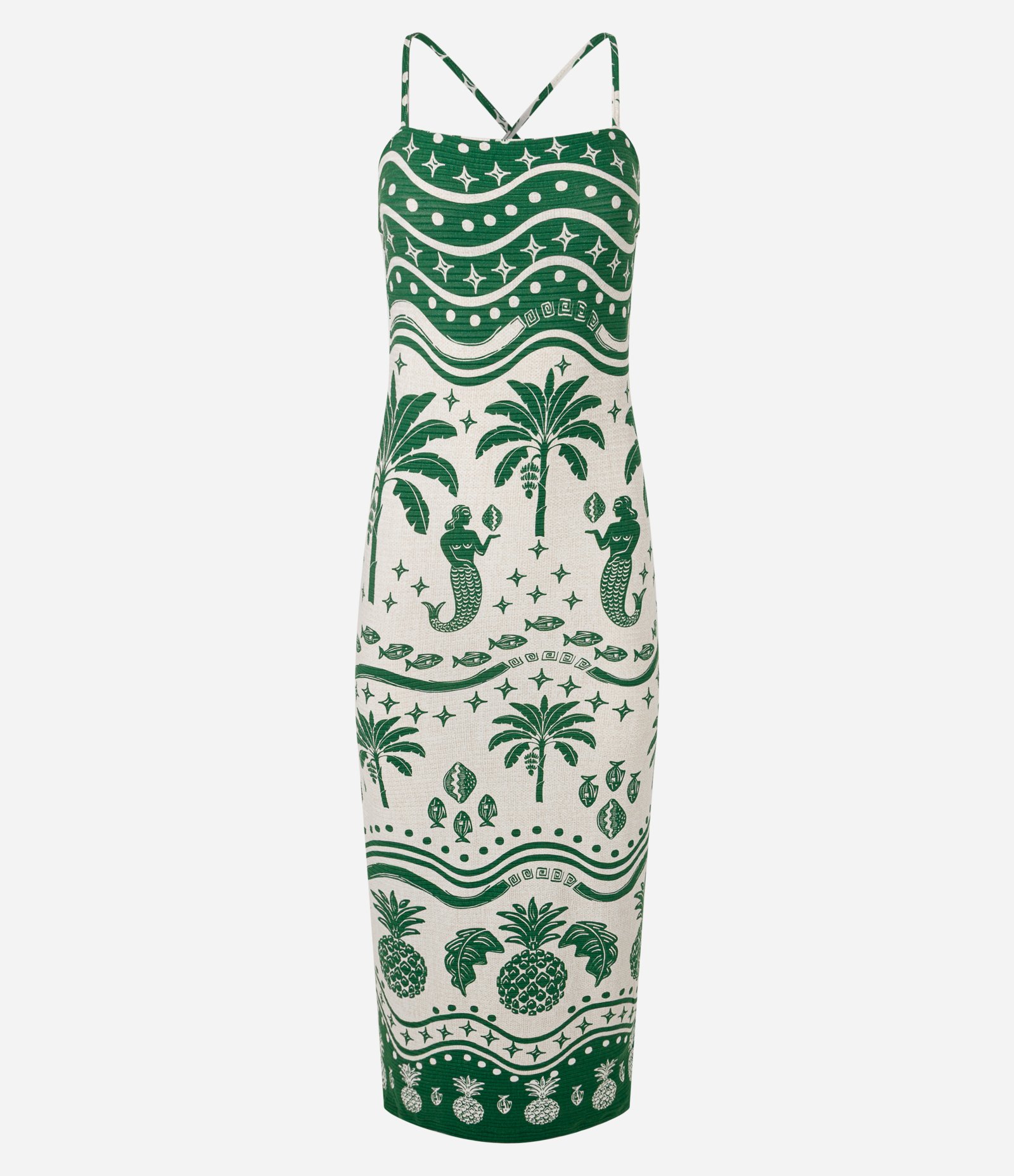 Vestido Midi em Ribana com Estampa Tropical Verde 1