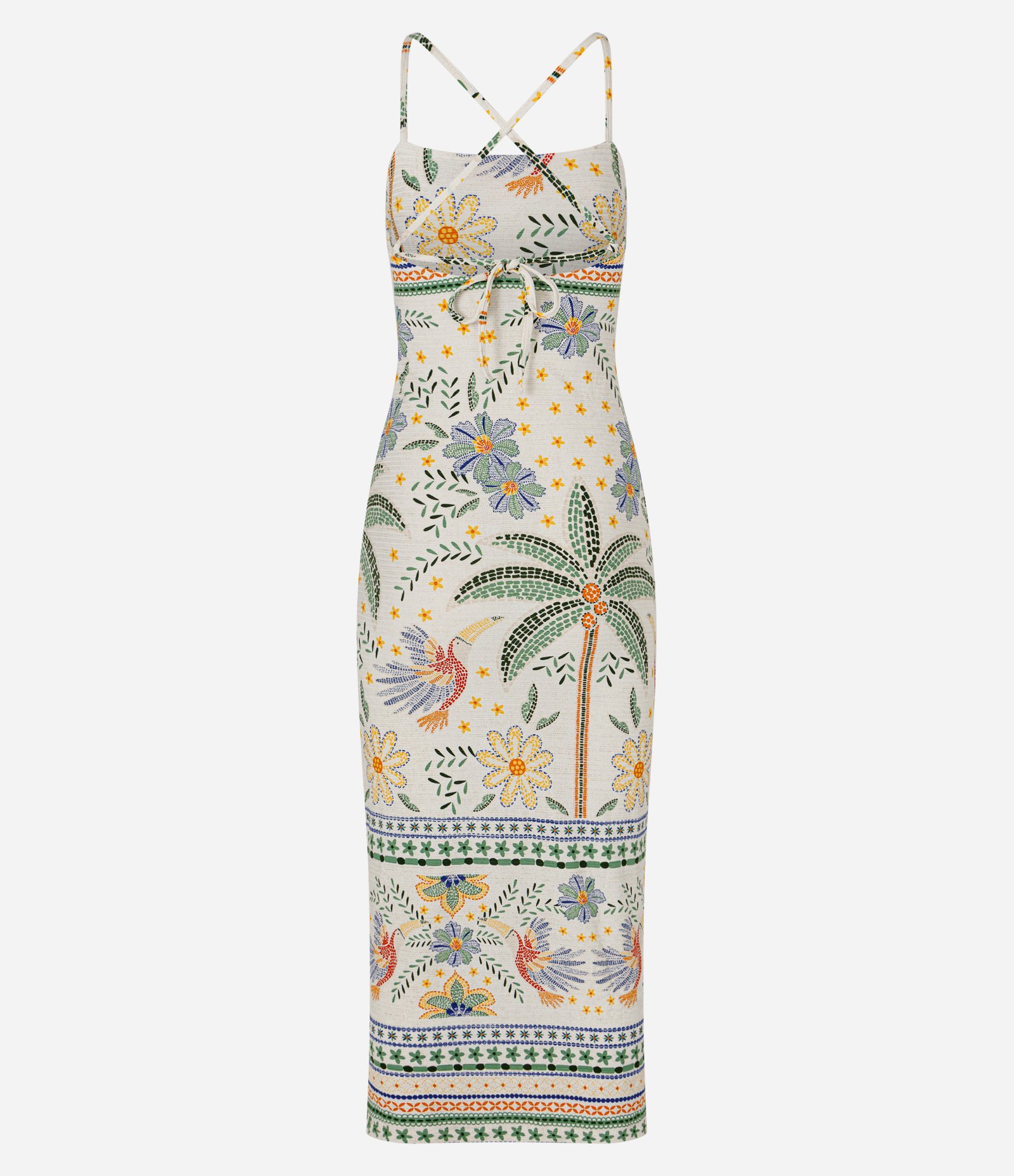 Vestido Midi em Ribana com Estampa Tropical de Pássaros Multicores 1