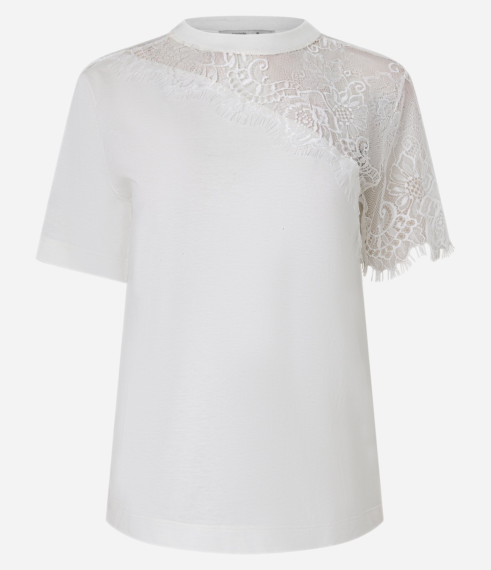 Camiseta em Algodão com Aplicação de Renda Floral Branco 1