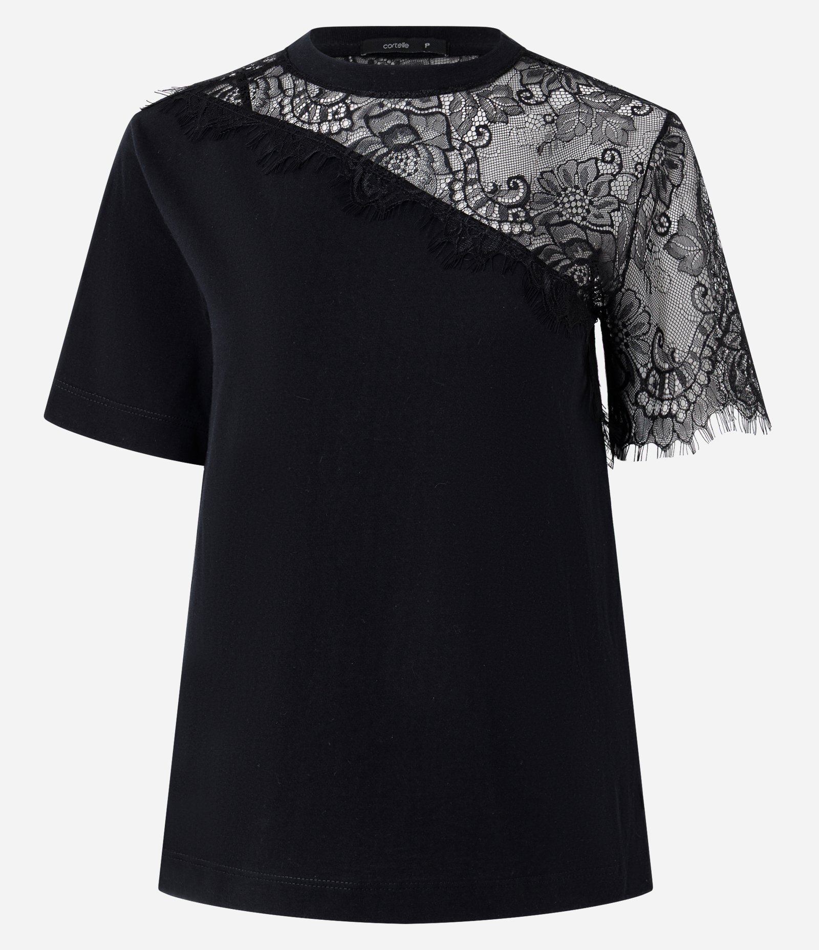 Camiseta em Algodão com Aplicação de Renda Floral Preto 1