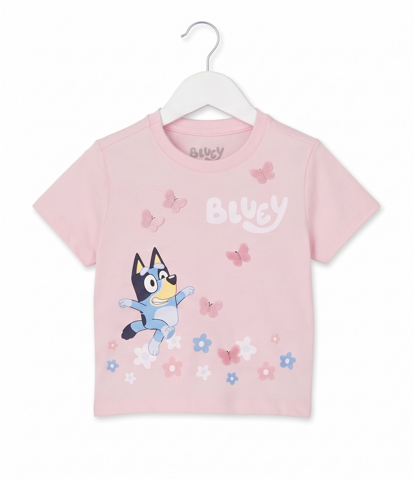 Camiseta Slim Infantil Bluey com Borboletas Aplicadas - Tam 1 a 6 Anos Rosa Claro 1