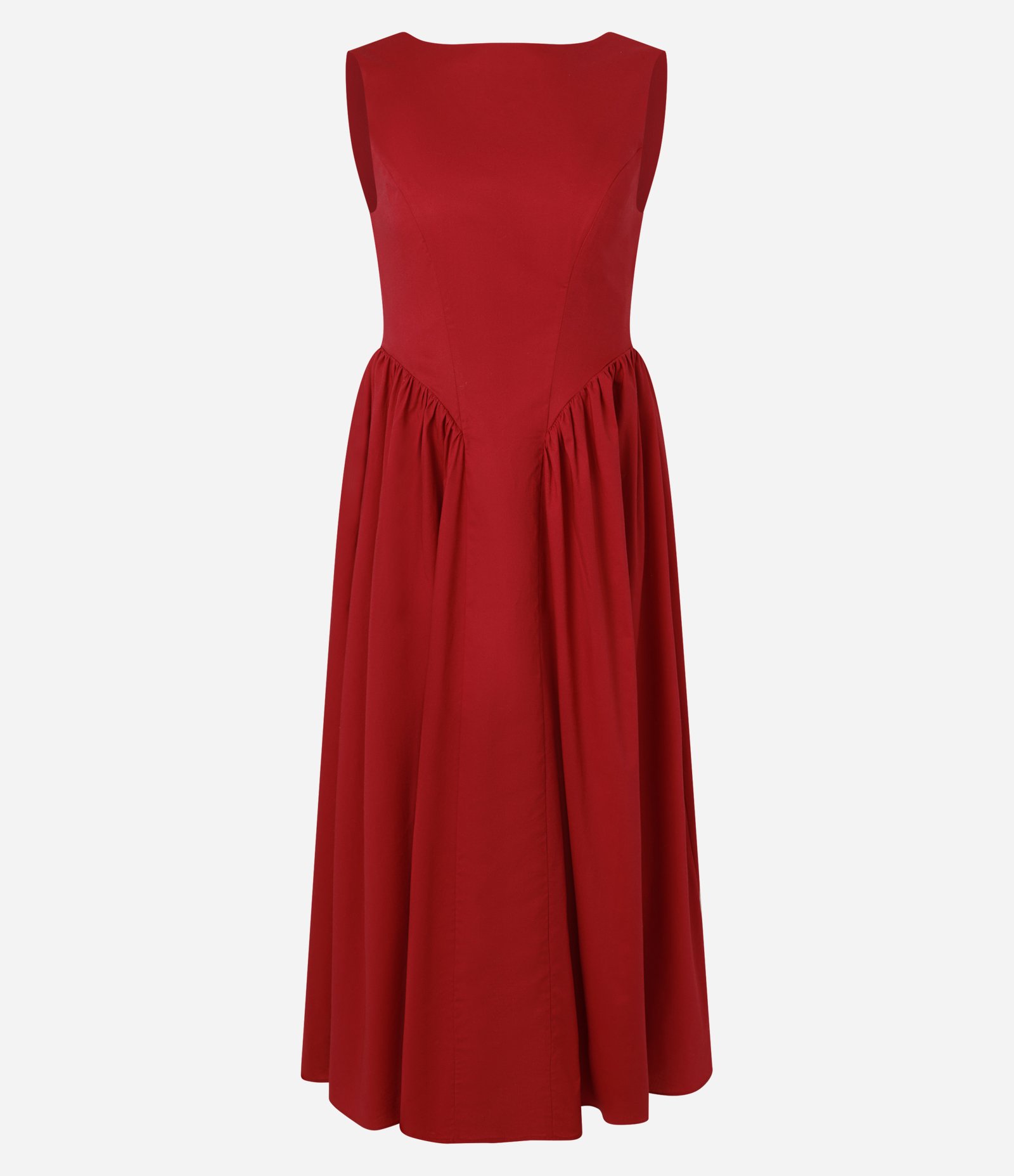 Vestido New Midi em Tricoline com Decote Canoa e Recortes Estruturados Vermelho 5