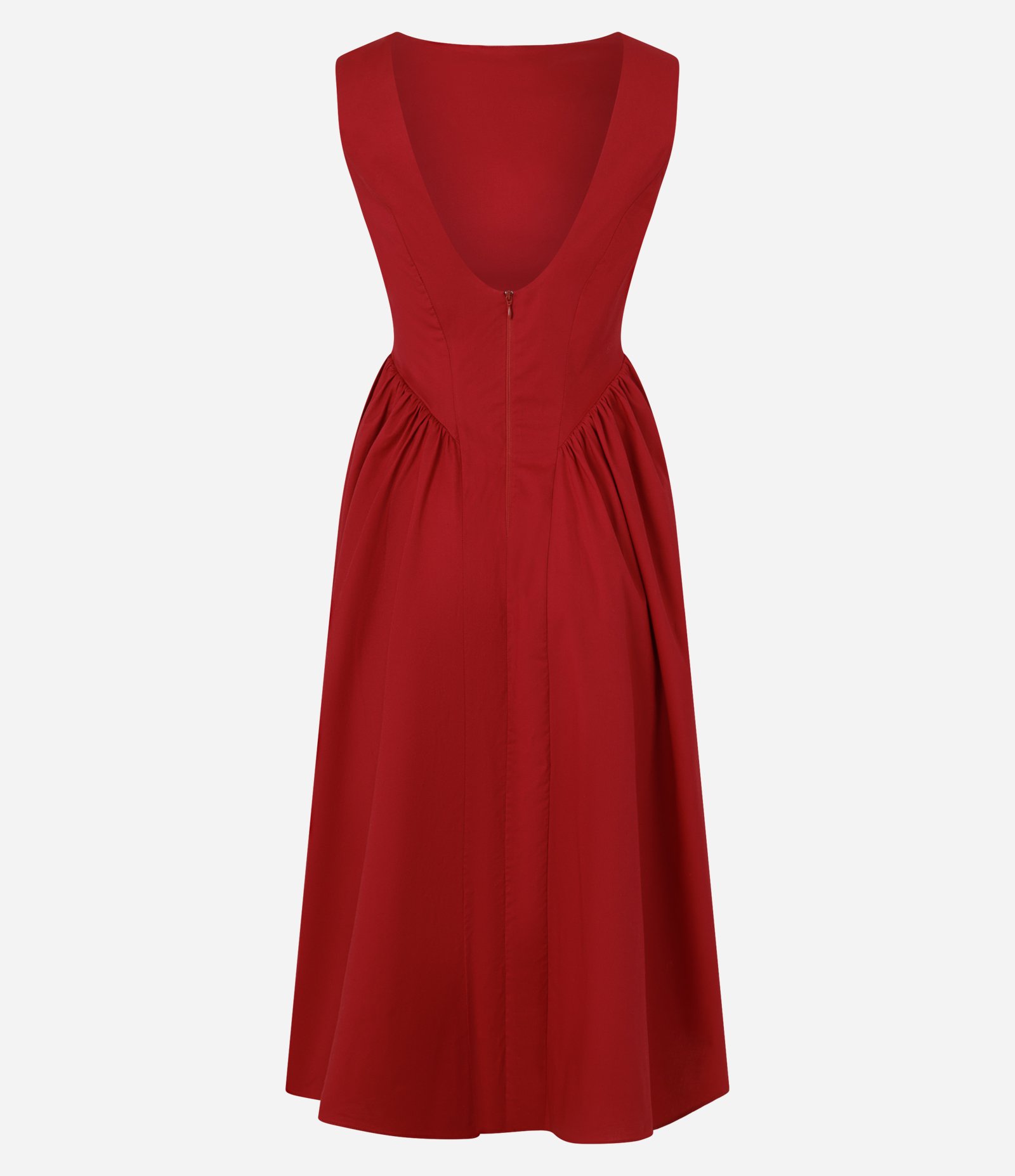 Vestido New Midi em Tricoline com Decote Canoa e Recortes Estruturados Vermelho 6
