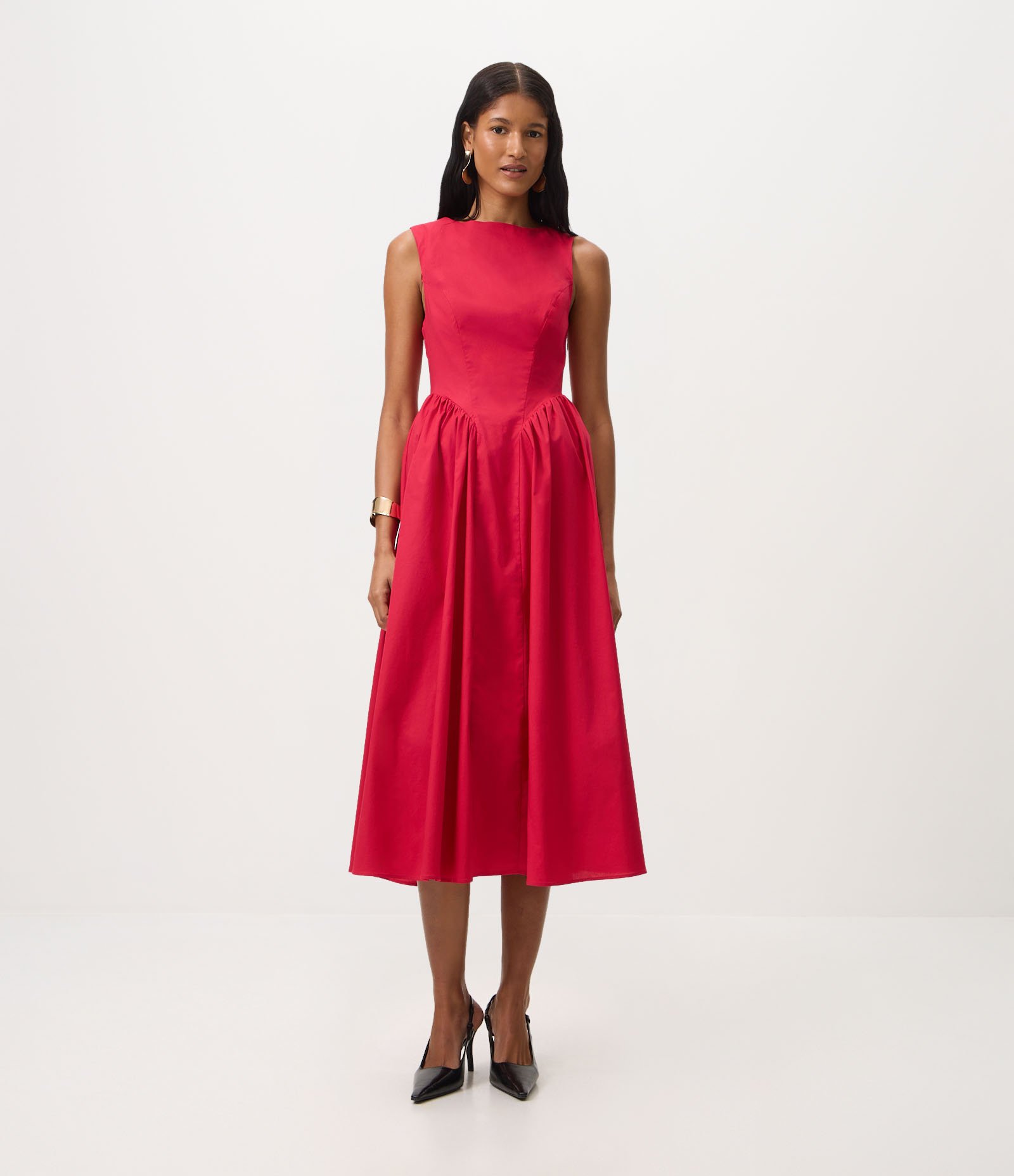 Vestido New Midi em Tricoline com Decote Canoa e Recortes Estruturados Vermelho 2