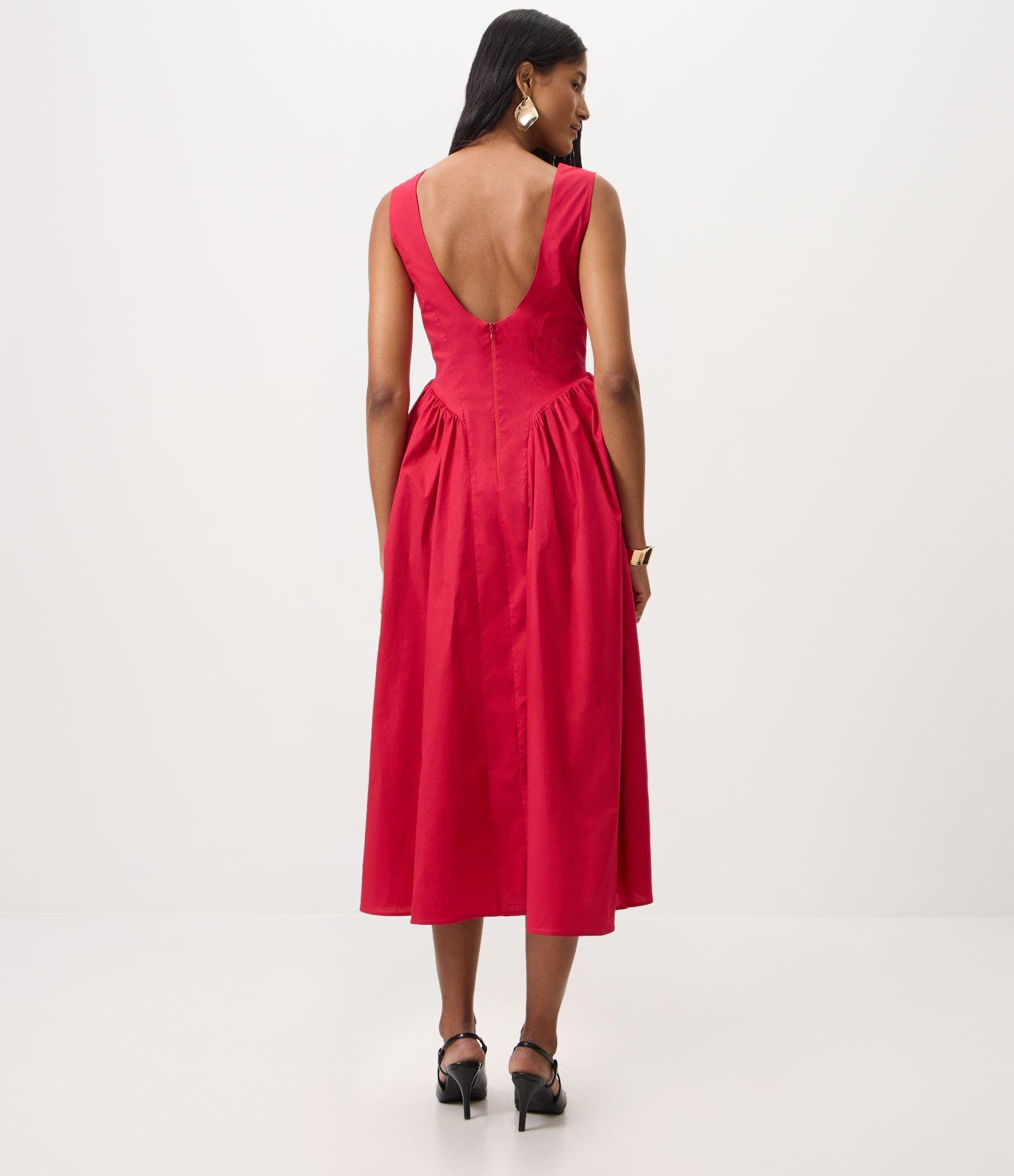 Vestido New Midi em Tricoline com Decote Canoa e Recortes Estruturados Vermelho 4