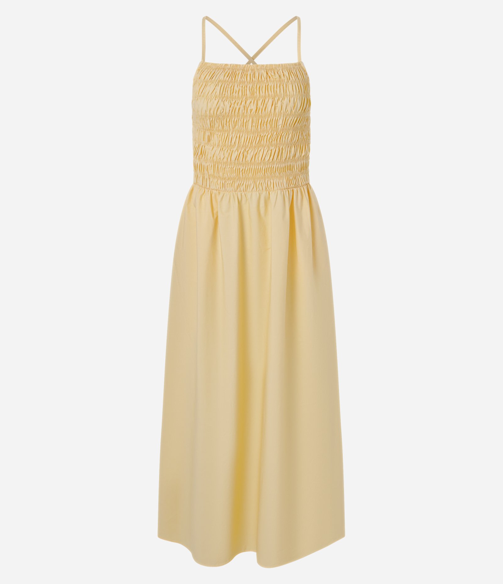 Vestido Midi em Tricoline com Busto Franzido e Amarração nas Costas Amarelo 1