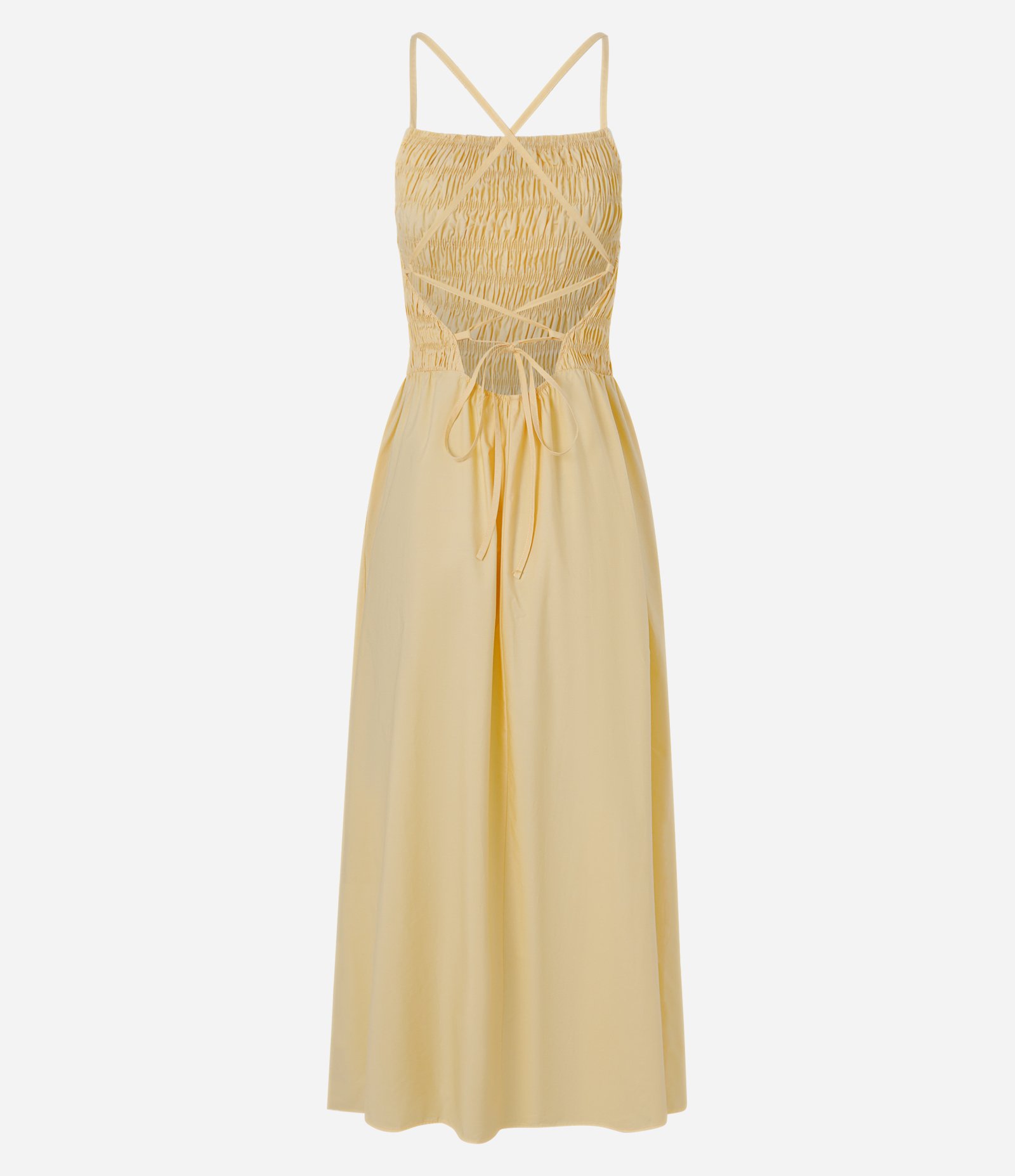 Vestido Midi em Tricoline com Busto Franzido e Amarração nas Costas Amarelo 2