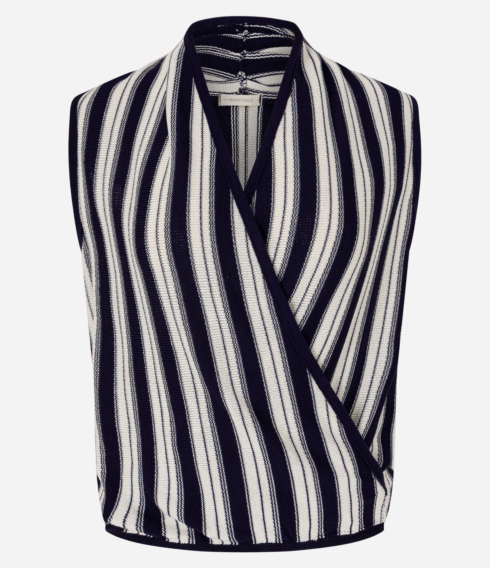 Blusa em Tricô com Transpasse Frontal e Estampa Listrada Azul/Off White 1