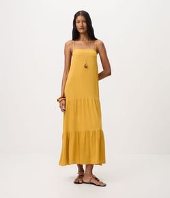 Vestido Longo Evasê em Viscose com Alças Finas
