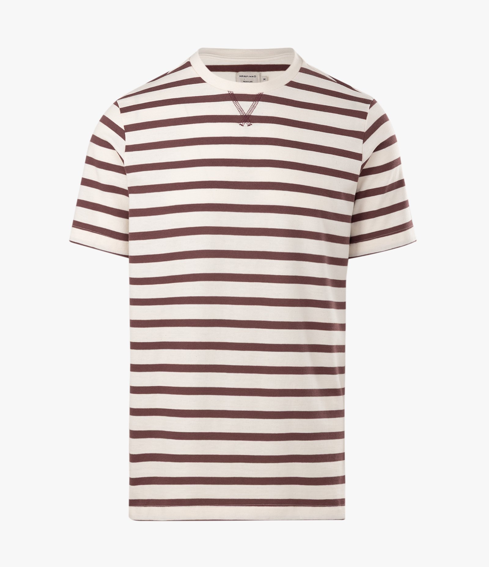 Camiseta Regular Listrada em com Detalhe Contrastante Off White e Bordô 1