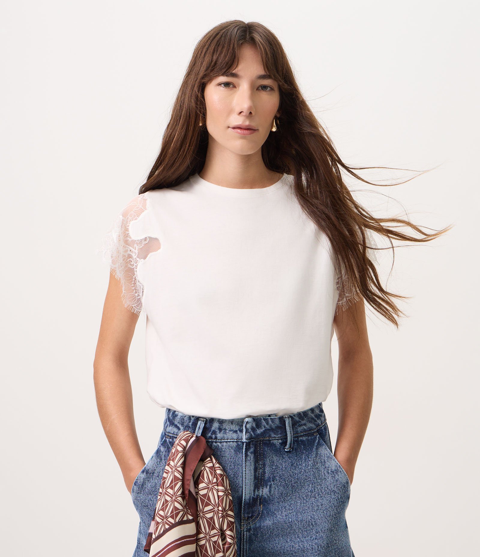 Blusa Slim em Algodão com Mangas em Renda Branco 1