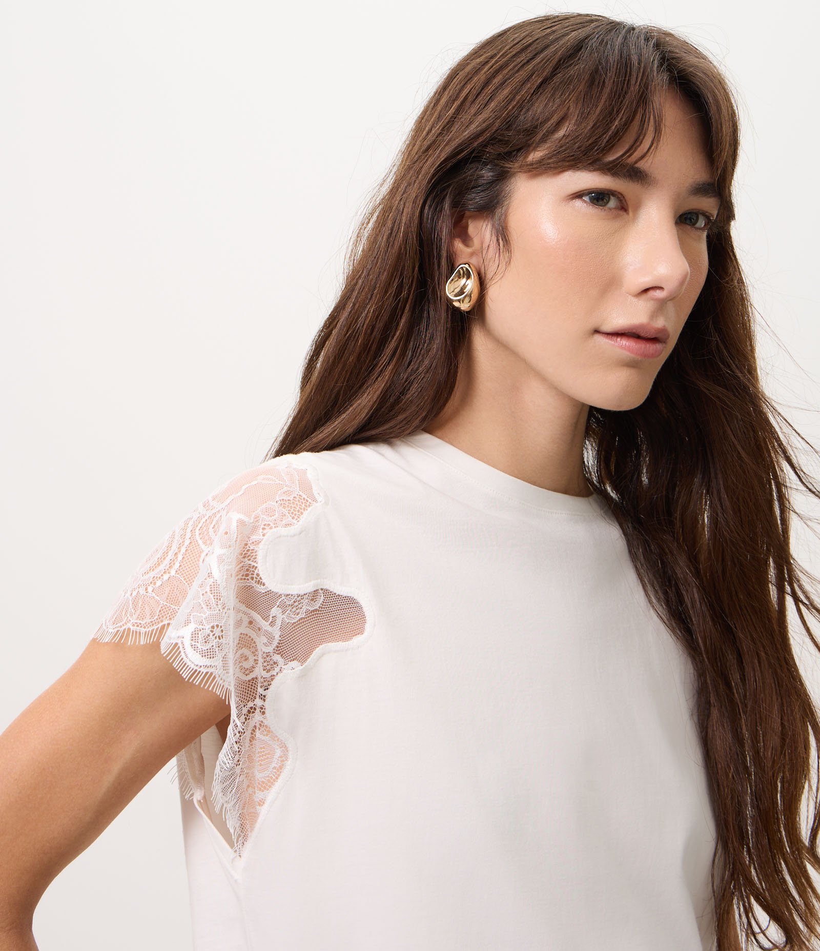 Blusa Slim em Algodão com Mangas em Renda Branco 3