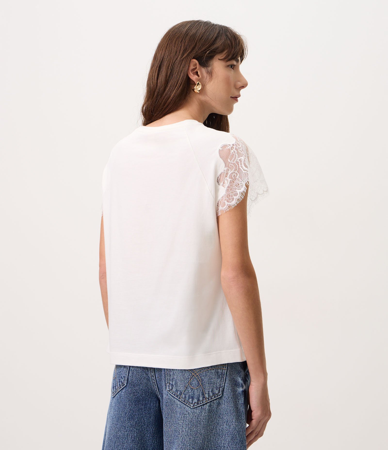 Blusa Slim em Algodão com Mangas em Renda Branco 4