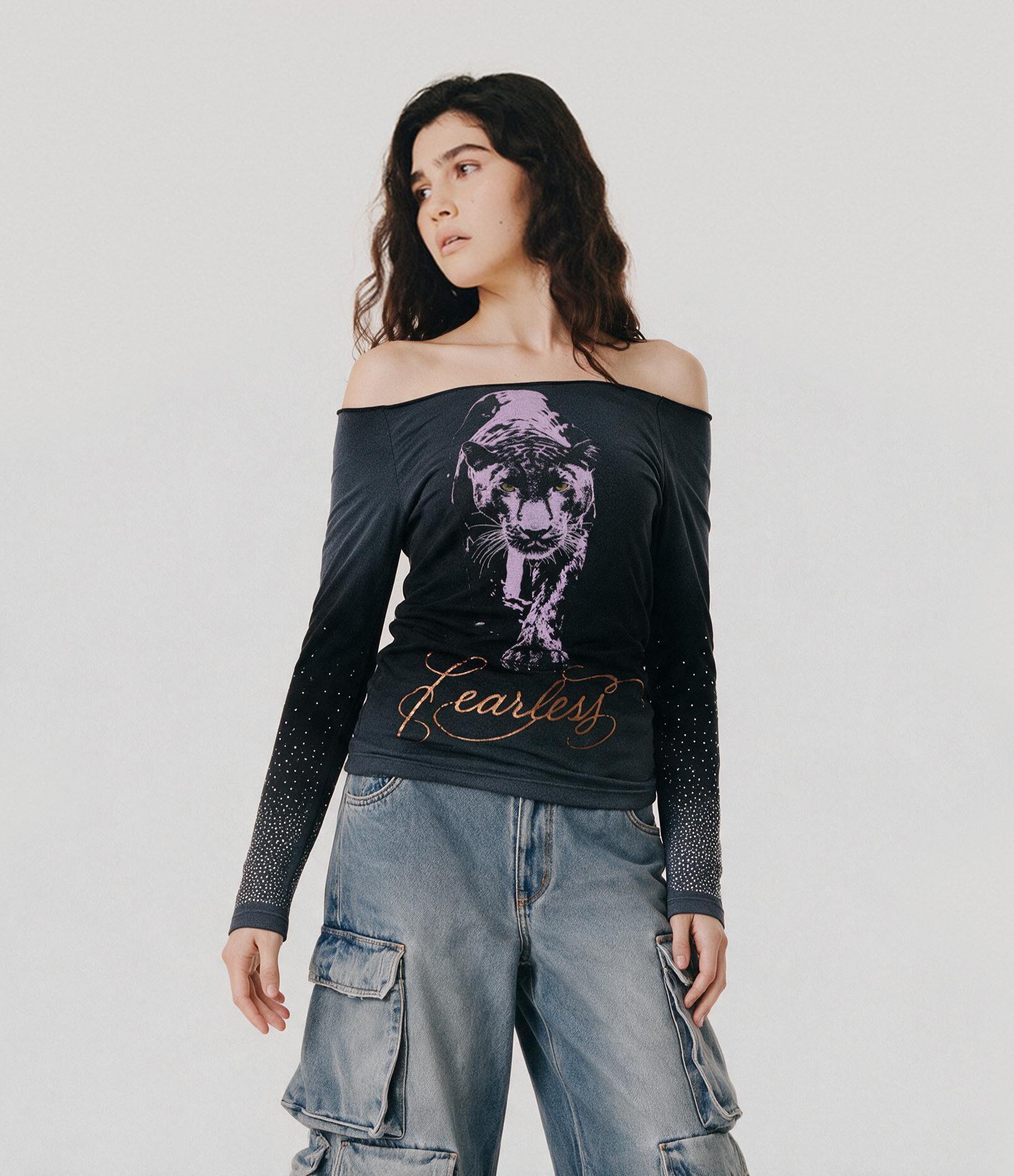 Blusa em Algodão com Decote Ombro a Ombro e Estampa Tigre Preto 1