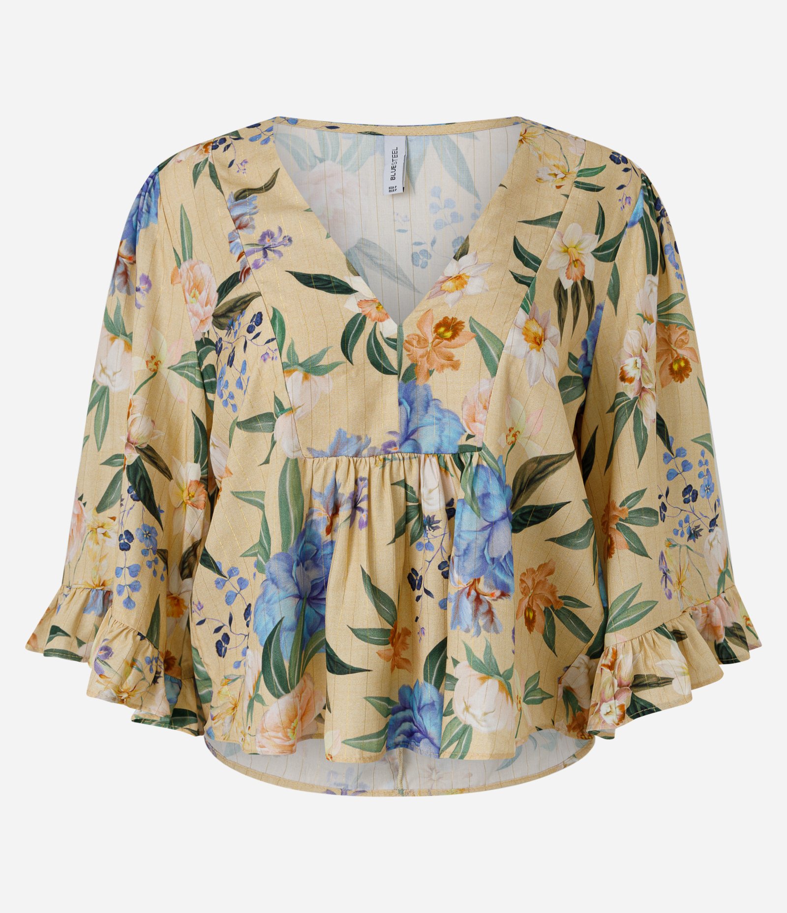 Blusa Floral em Viscolinho com Decote V e Babados nas Mangas Amarelo 5