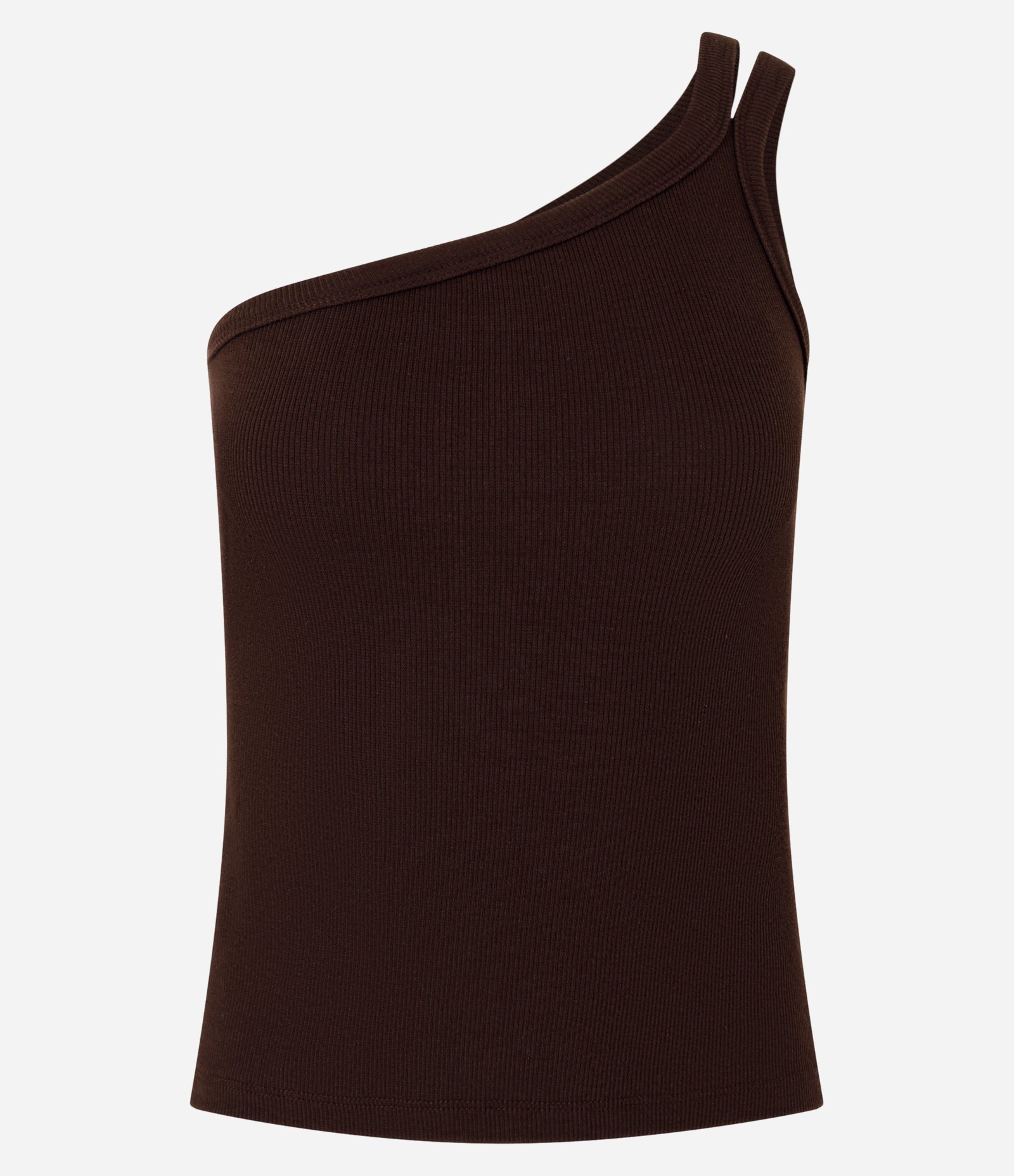 Blusa em Ribana com Um Ombro Só e Alça Dupla Marrom 1