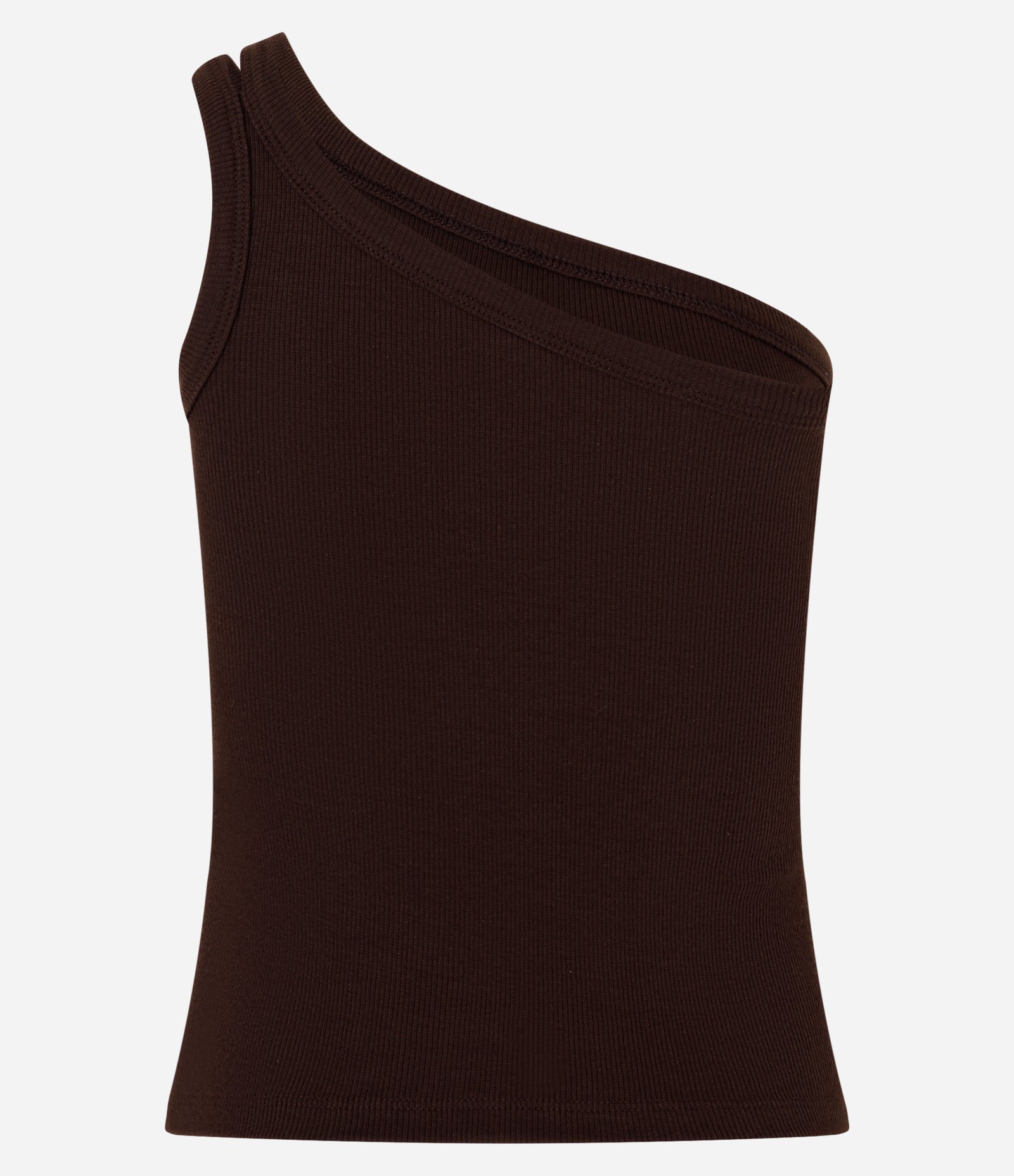Blusa em Ribana com Um Ombro Só e Alça Dupla Marrom 2