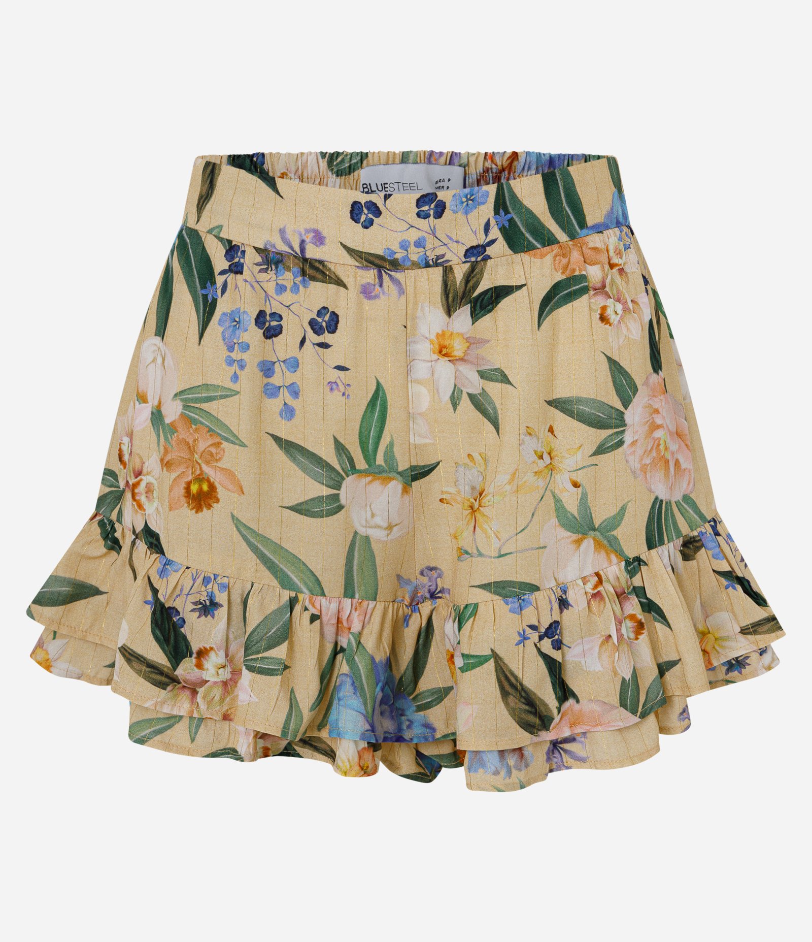 Short Saia Floral em Viscolinho com Babados e Cintura Alta Amarelo 6