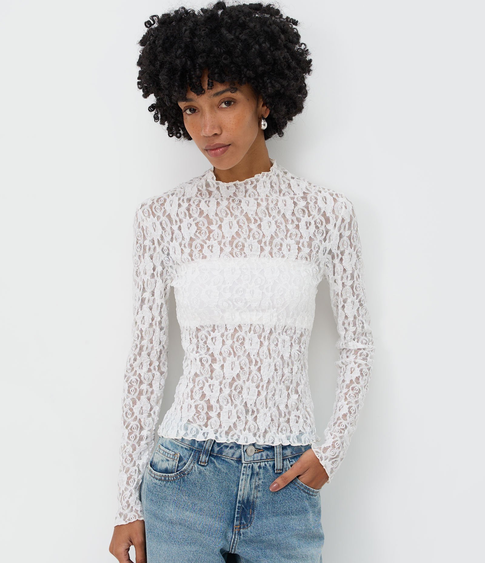 Blusa Manga Longa em Renda Floral com Gola Alta Branco 3