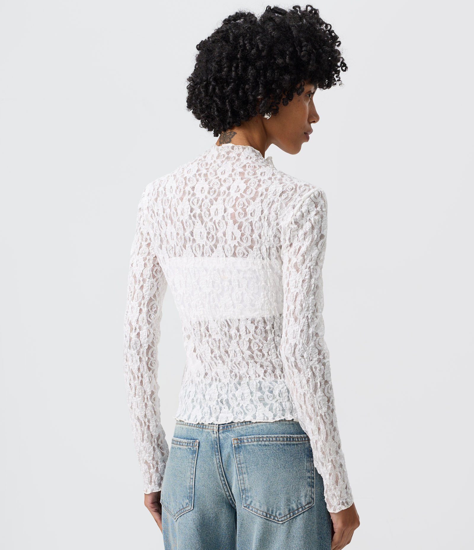 Blusa Manga Longa em Renda Floral com Gola Alta Branco 4