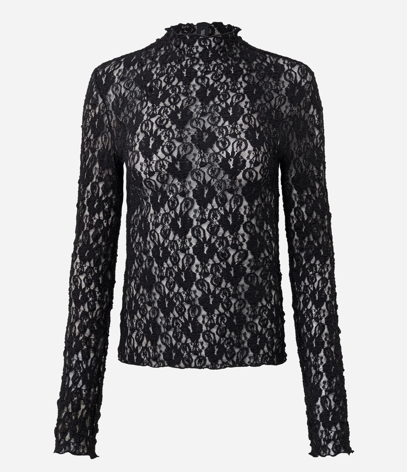 Blusa Manga Longa em Renda Floral com Gola Alta Preto 5