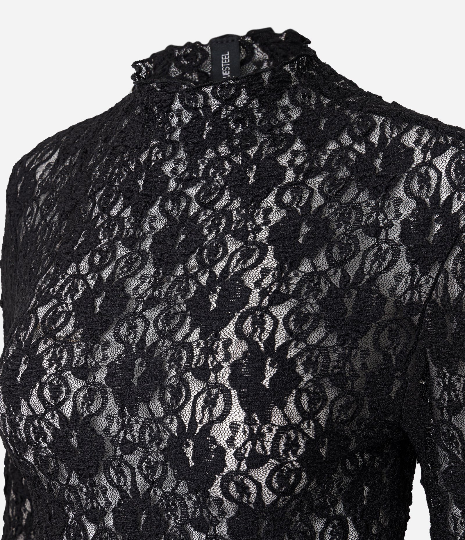 Blusa Manga Longa em Renda Floral com Gola Alta Preto 6
