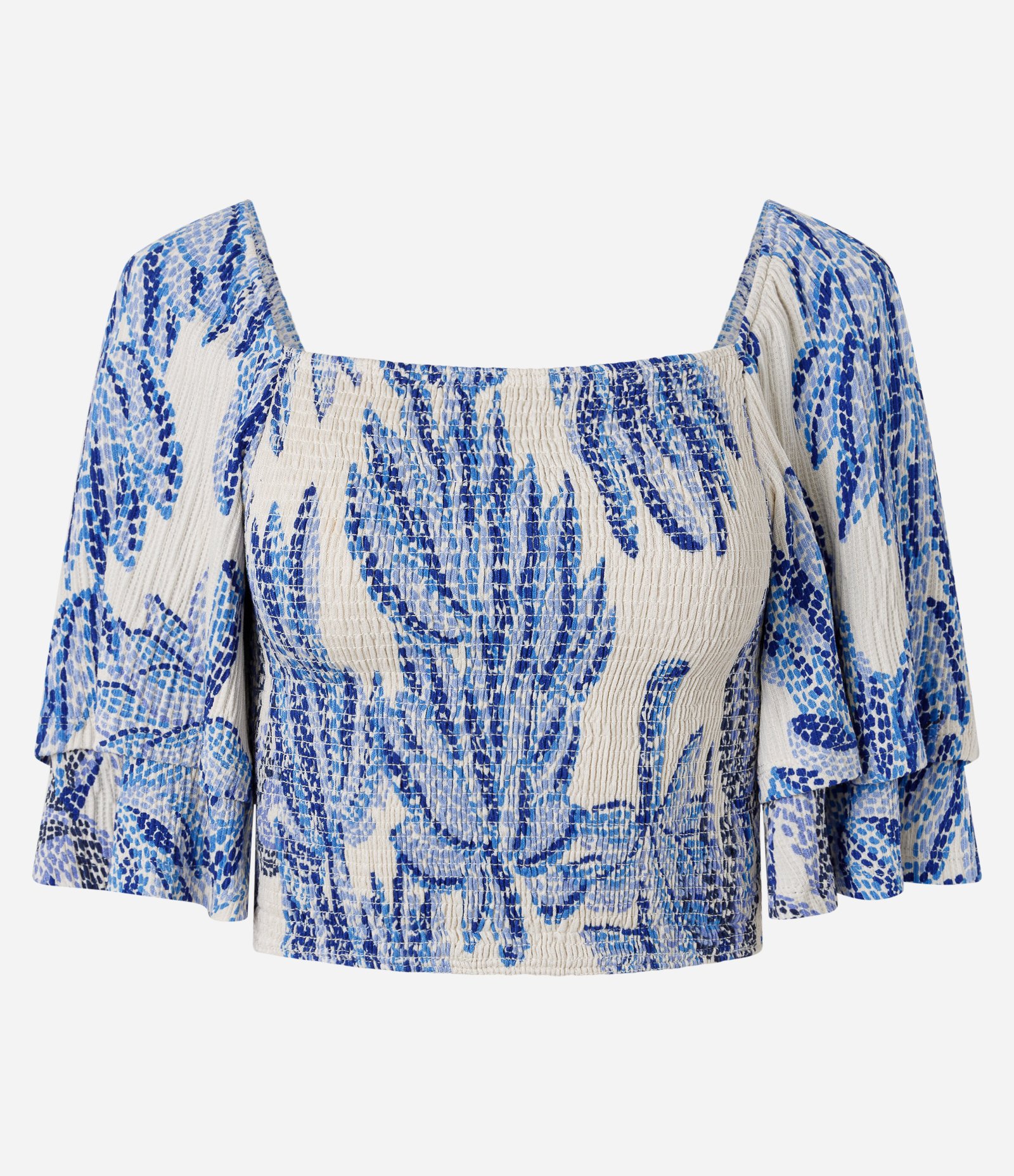 Blusa Cropped Estampada com Franzido e Mangas com Barra Dupla Off White 5