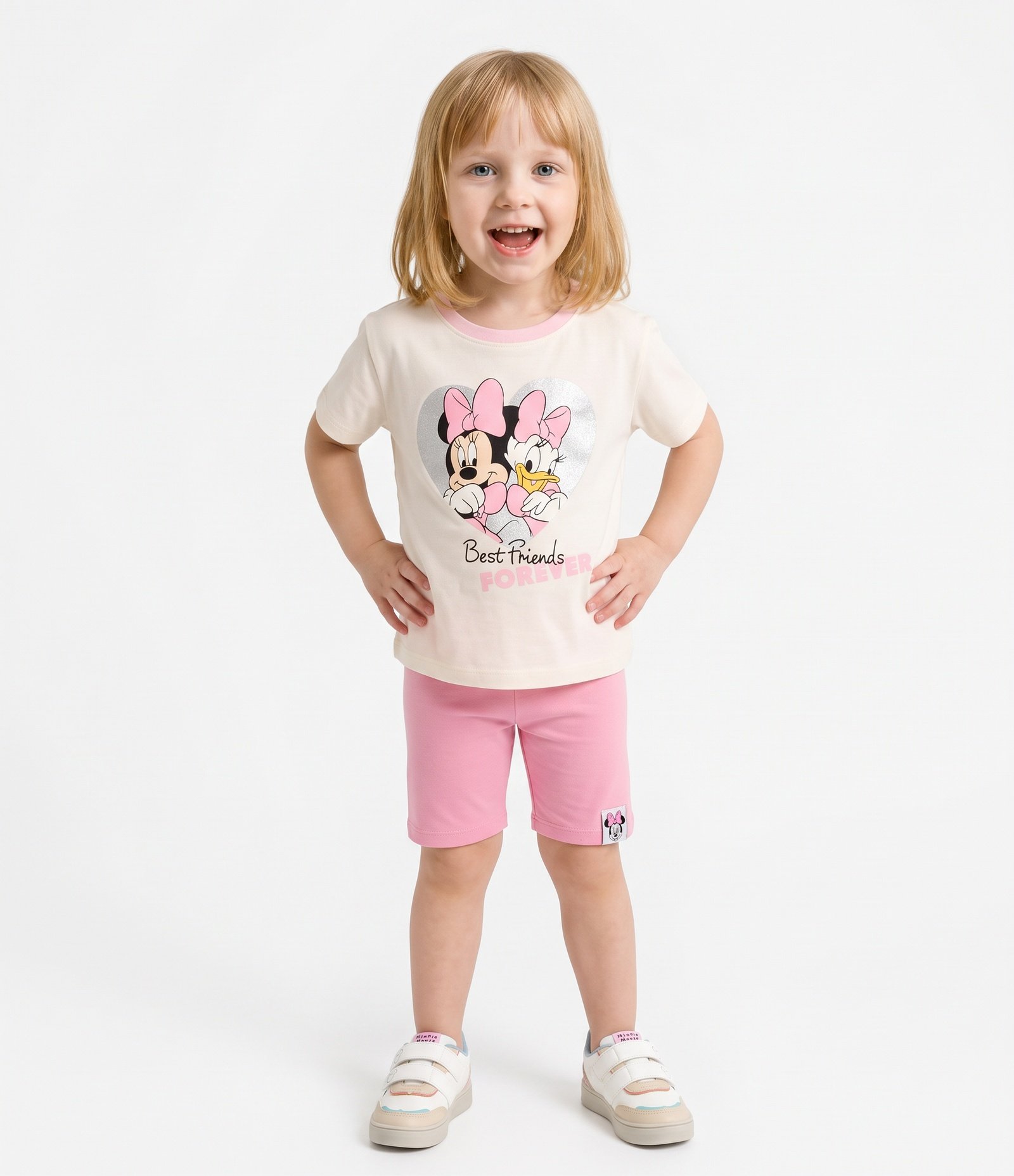 Conjunto Infantil Minnie e Margarida com Bermuda Ciclista - Tam 5 a 16 Anos Bege 1