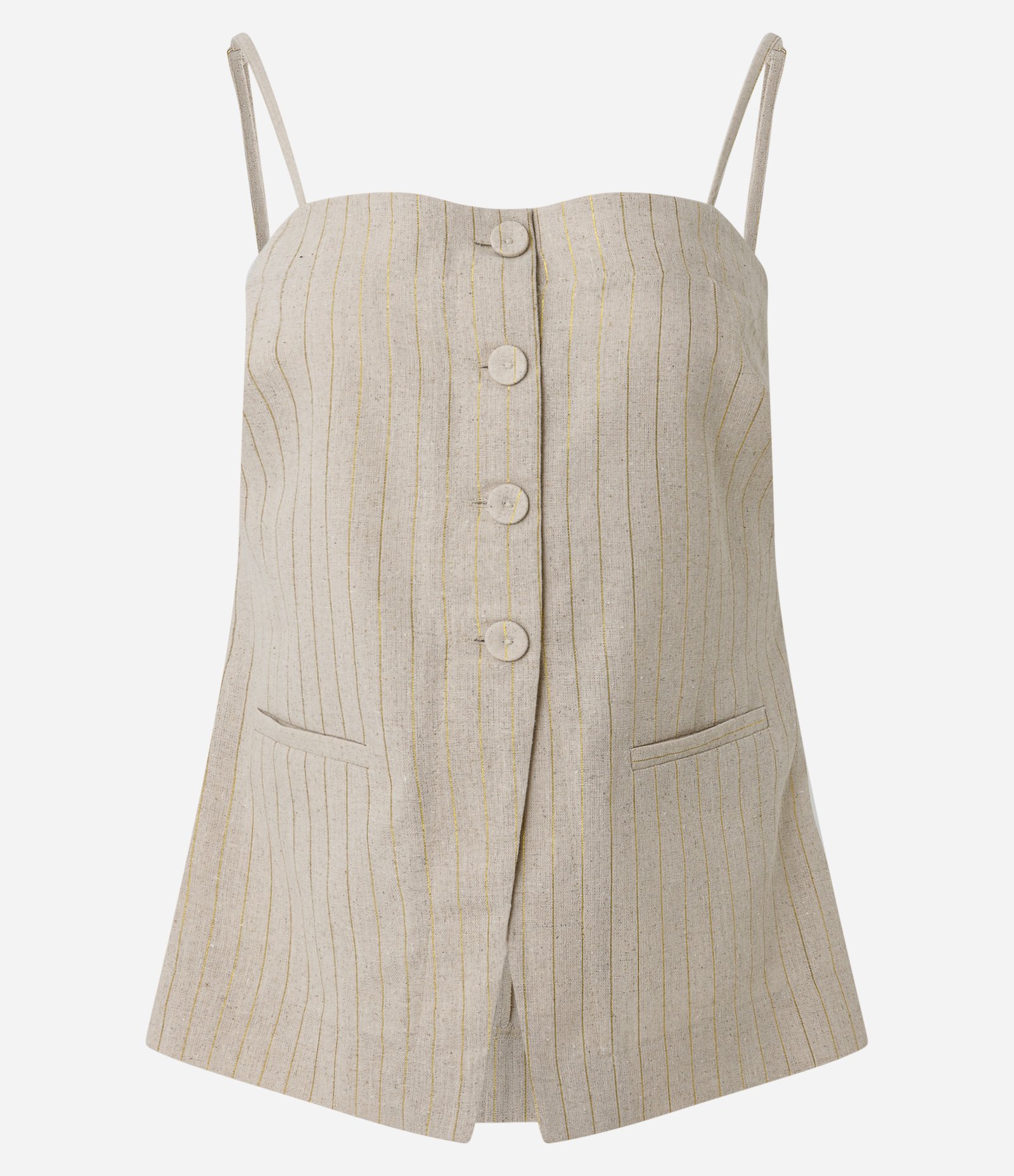 Blusa Em Linho Ajustada com Risca de Giz e Botões Frontais Bege 1