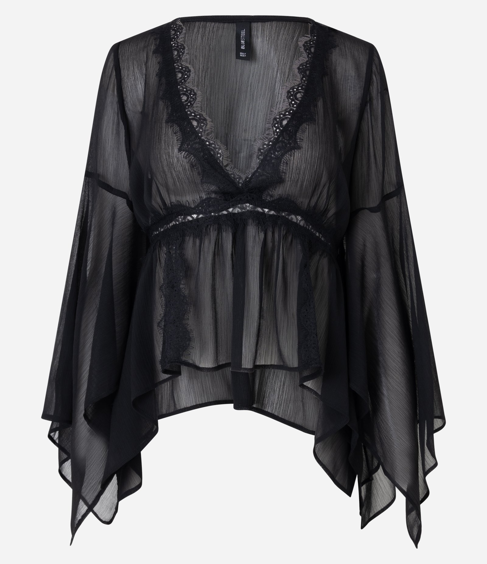 Blusa Bata Assimétrica em Chiffon com Renda Contrastante Preto 5