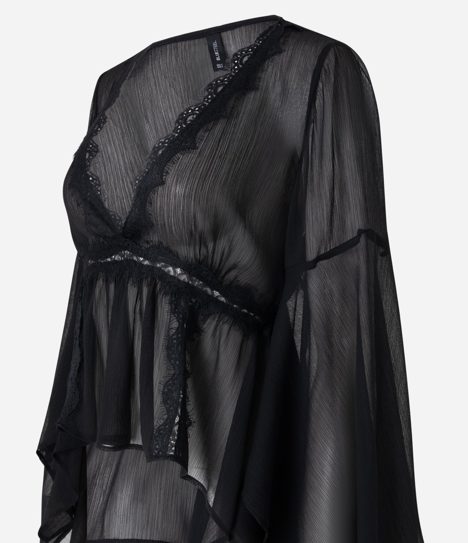 Blusa Bata Assimétrica em Chiffon com Renda Contrastante Preto 6