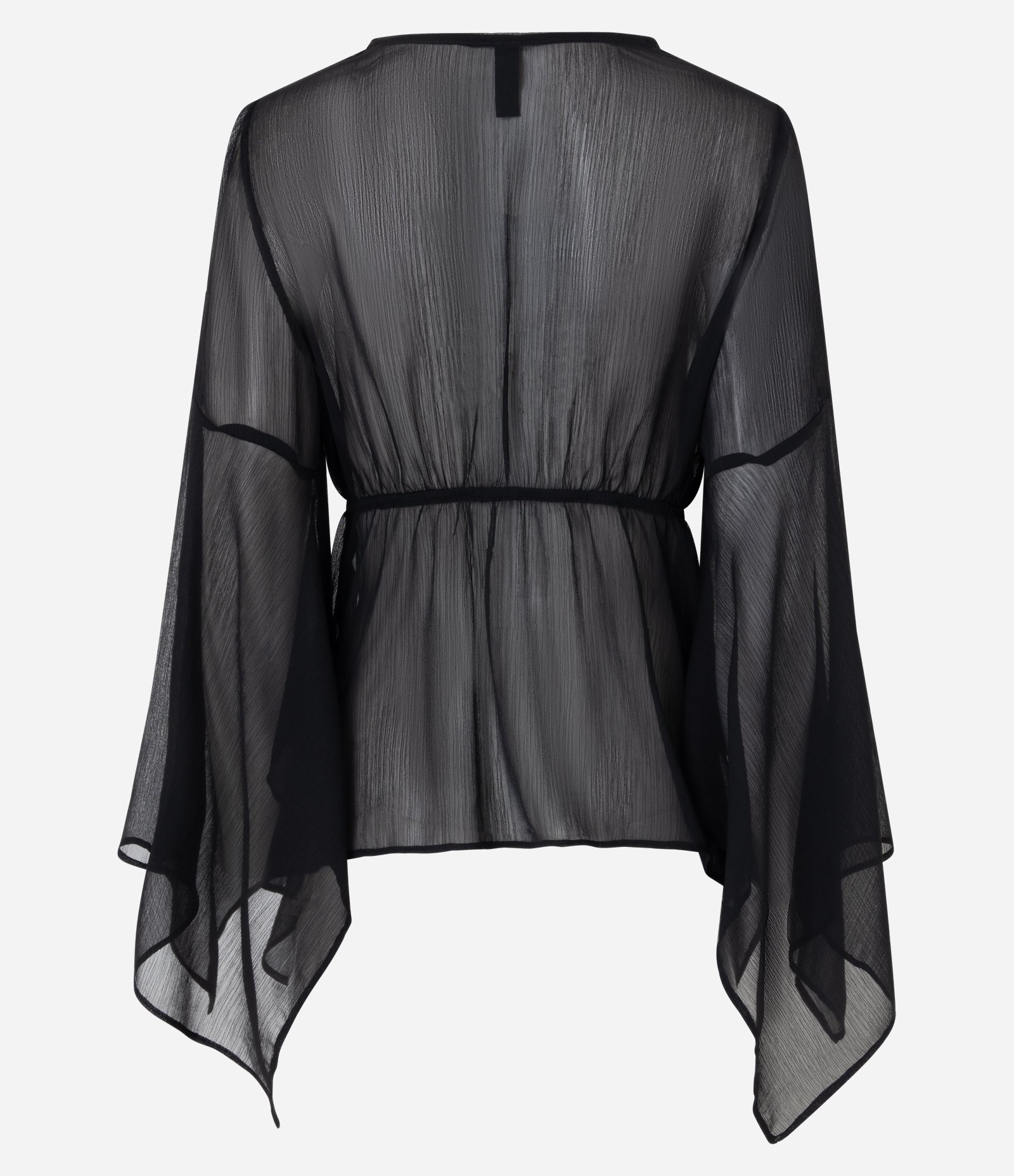 Blusa Bata Assimétrica em Chiffon com Renda Contrastante Preto 7