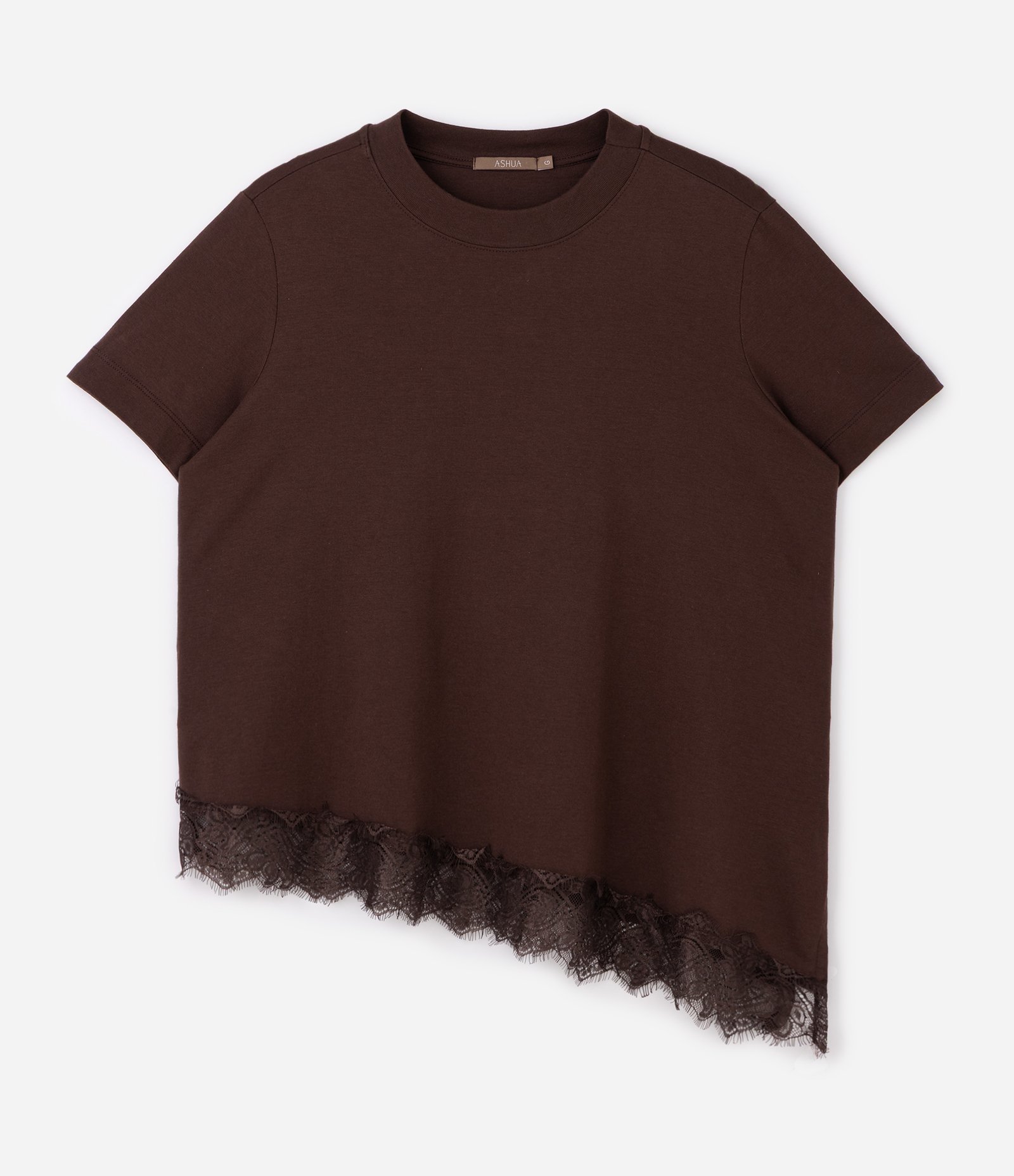 Blusa Manga Curta com Renda Irregular na Barra Curve & Plus Size Marrom Escuro 1