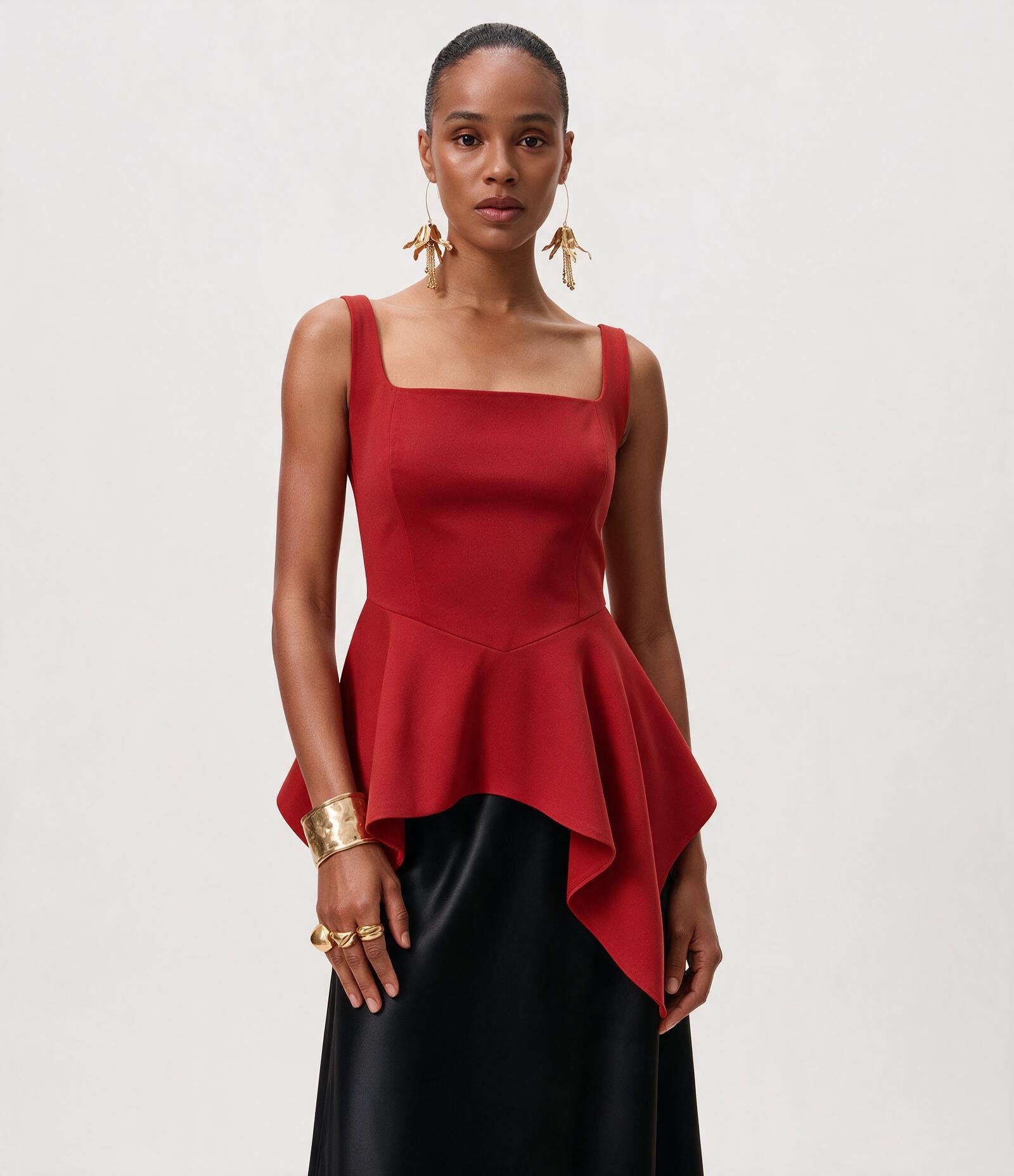 Blusa Peplum Alfaiatada com Recortes e Barra Assimétrica Vermelho 1