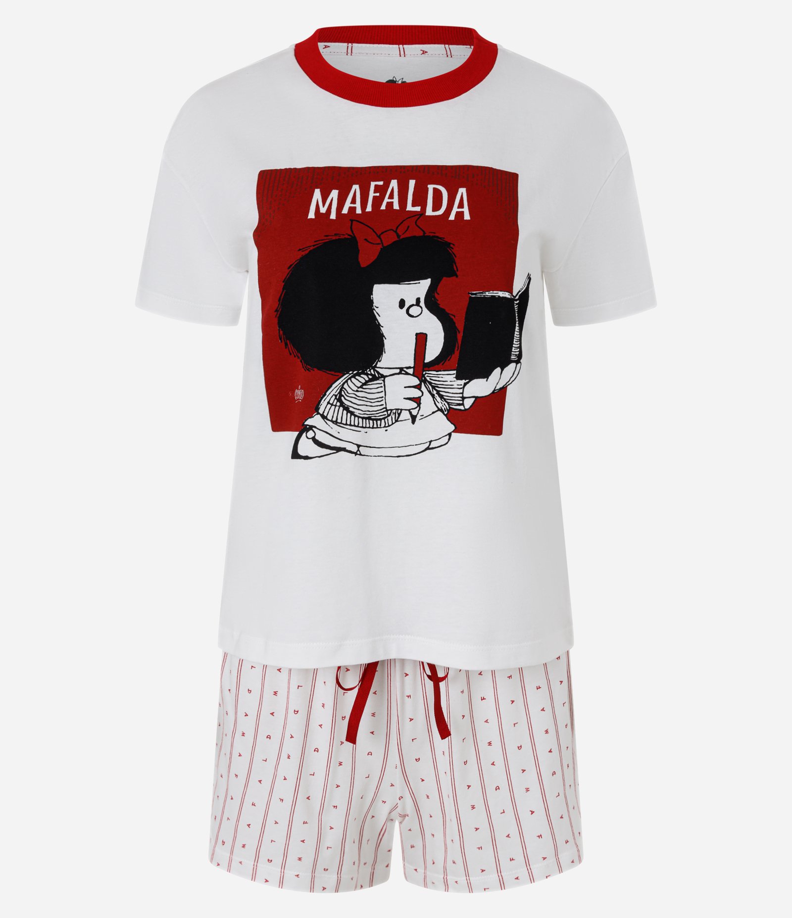 Pijama Curto com Estampa Mafalda e Corações Branco 1