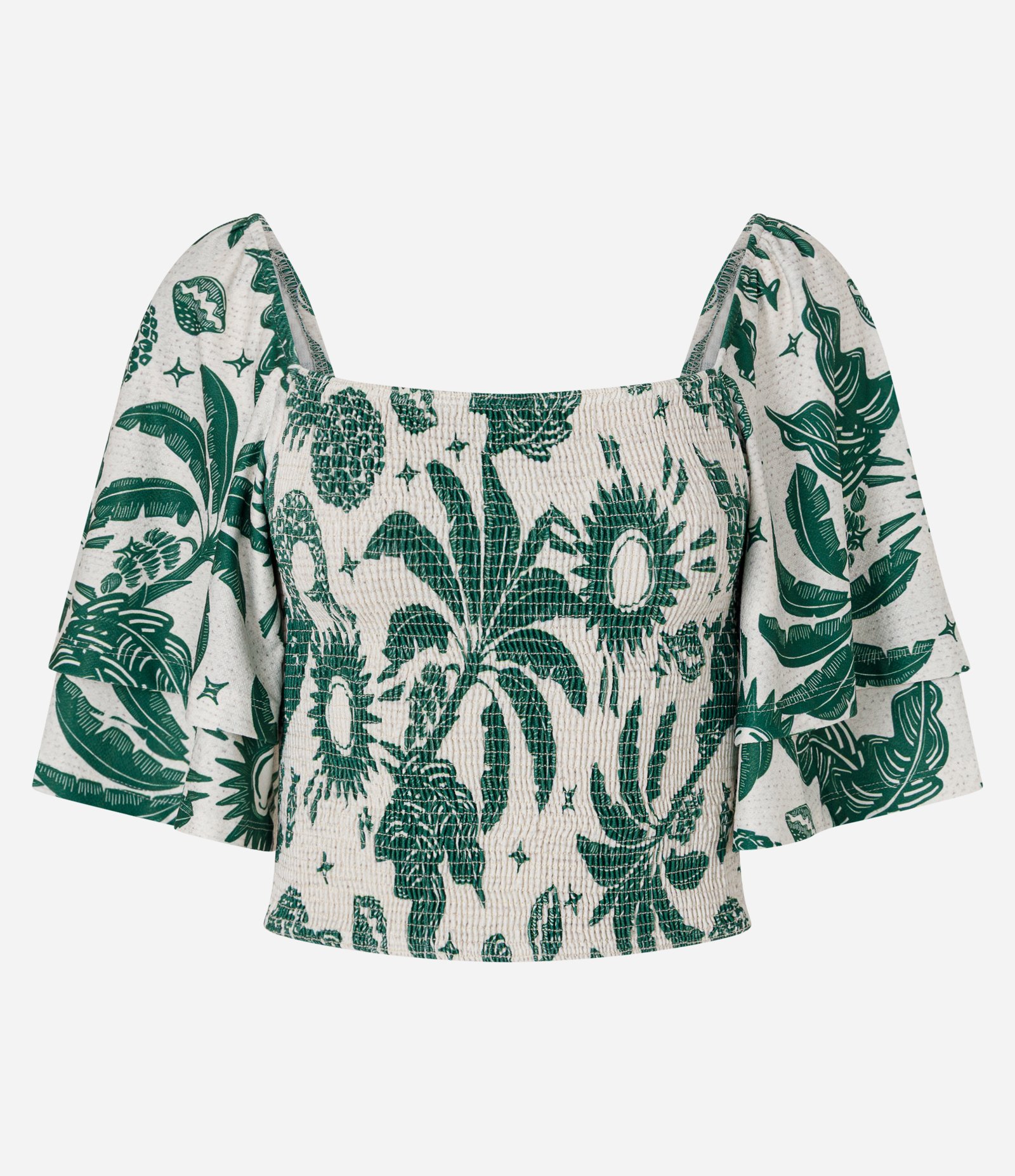 Blusa Cropped com Estampa Tropical e Corpo Franzido Branco/Verde 1