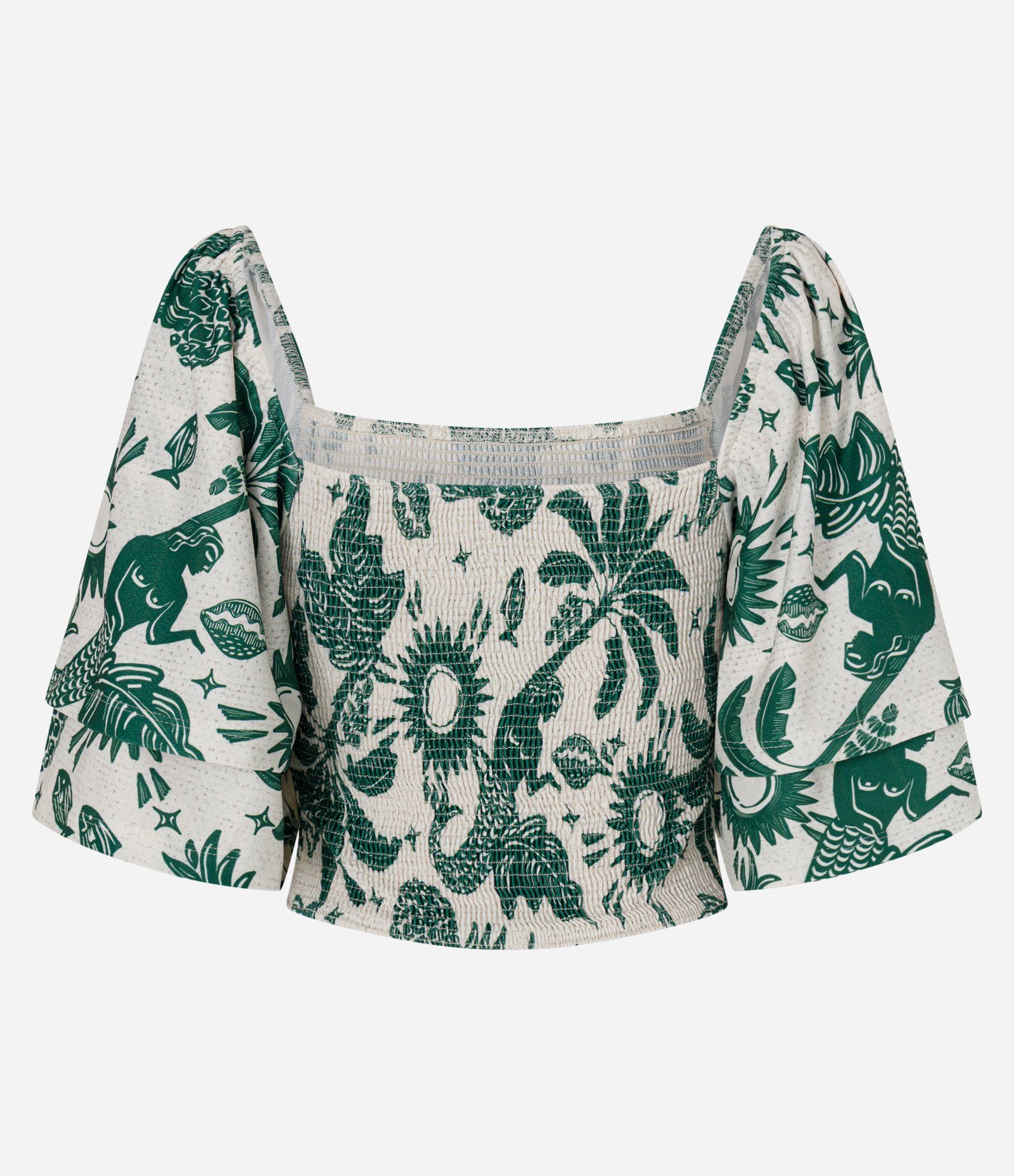 Blusa Cropped com Estampa Tropical e Corpo Franzido Branco/Verde 2