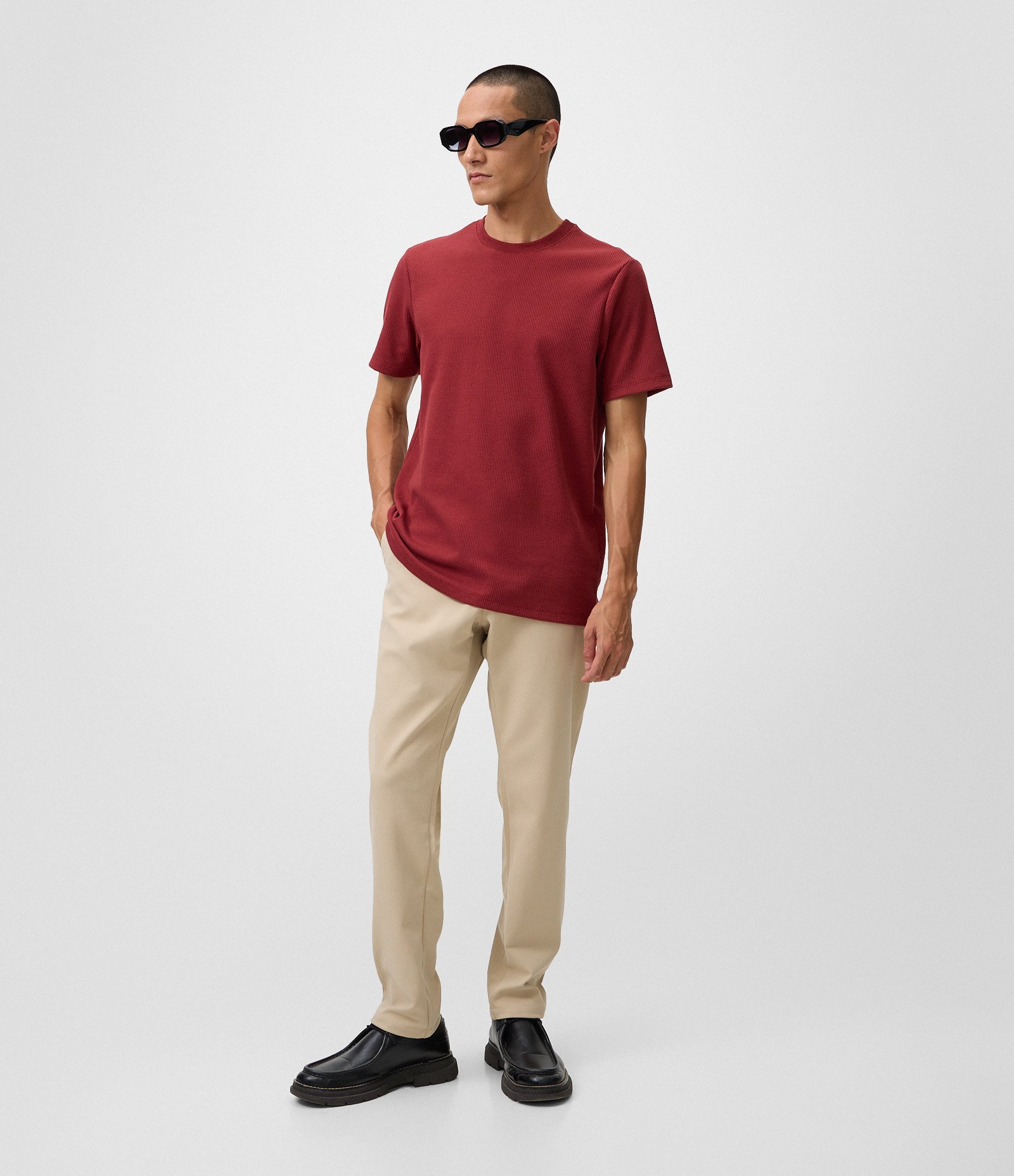 Camiseta Regular em Algodão com Textura Waffle Bordô 2