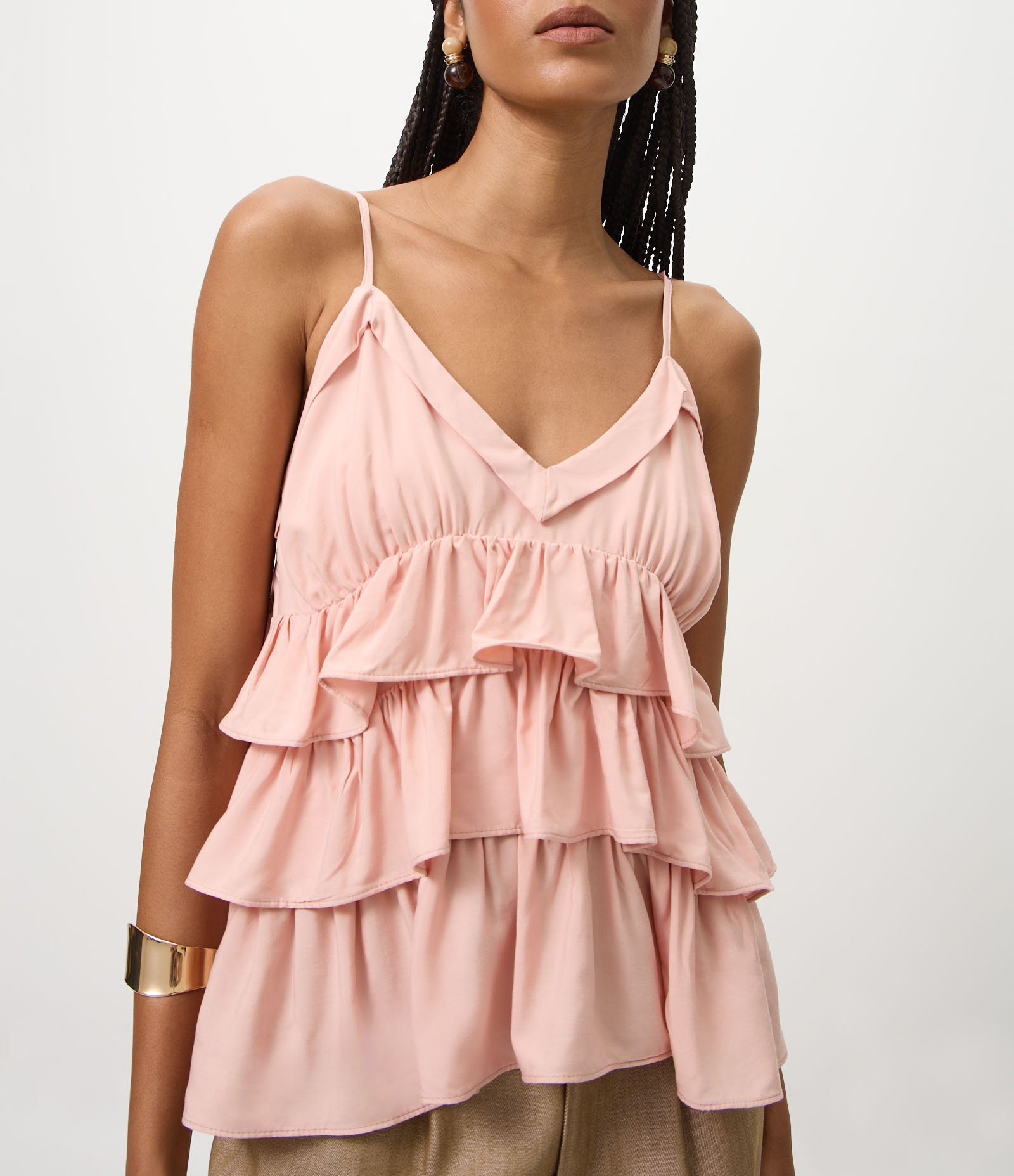 Blusa em Viscose com Decote V e Babados em Camadas Rosa 3