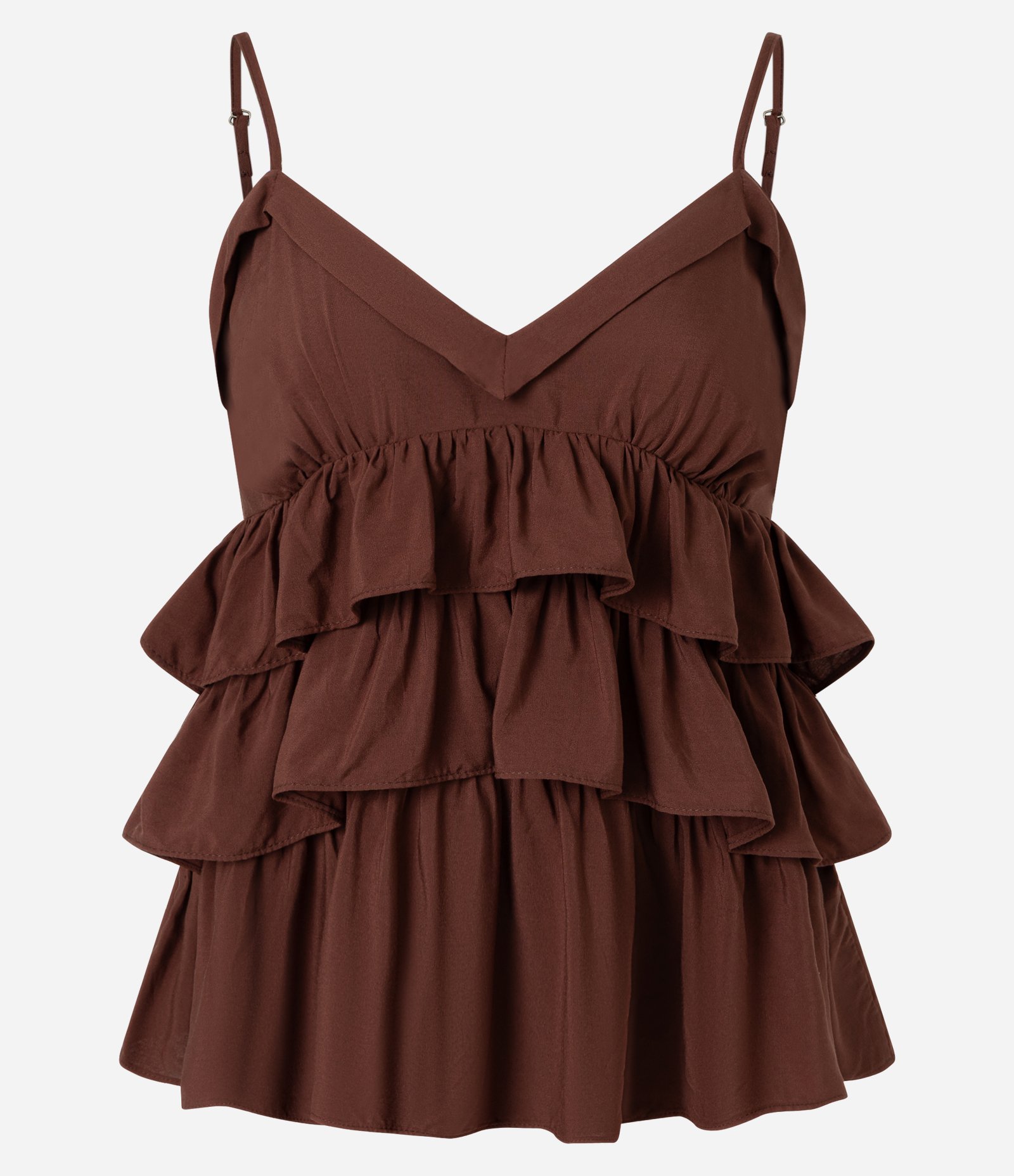 Blusa em Viscose com Decote V e Babados em Camadas Marrom 5