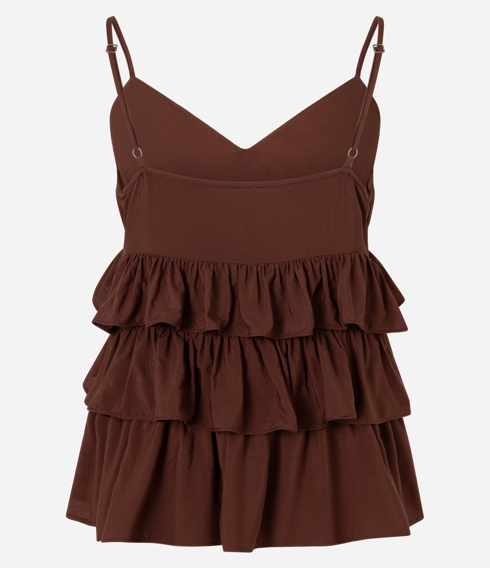 Blusa em Viscose com Decote V e Babados em Camadas Marrom 6