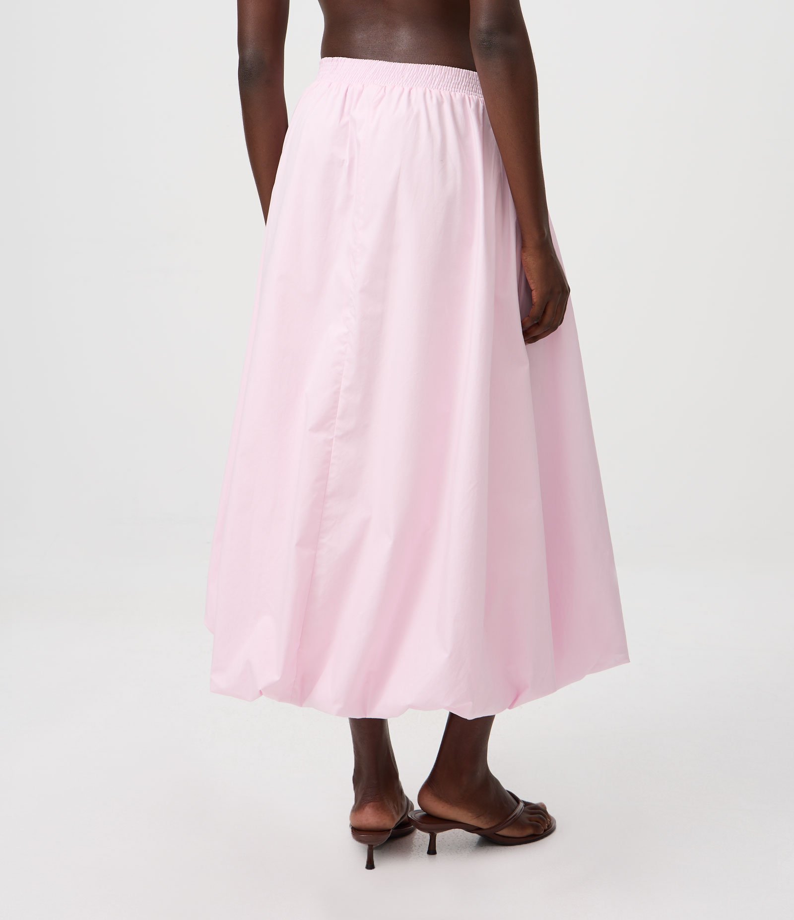Saia Balonê Midi em Tricoline com Cós Elástico Rosa 4